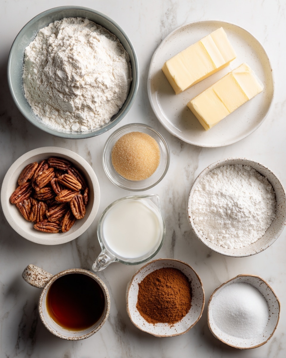 The image shows a group of ingredients arranged neatly on a white marbled surface. At the top left, there is a large grey bowl filled with white flour. To its right, a white plate holds two rectangular pieces of pale yellow butter. Below the flour bowl, a small white bowl contains light brown sugar, and next to it, another white bowl holds white granulated sugar. A small clear glass bowl with a rich brown powder of cinnamon is positioned near the bottom right. Next to the sugar bowl, a white speckled bowl is filled with white powdered sugar. Near the center, a clear measuring cup contains white milk, and beside it rests a white egg. Below the egg, a packet of yellow and blue yeast is placed. In the lower left area, a white bowl holds chopped pecans, and in front of it is a small brown ceramic cup filled with dark amber vanilla liquid. Each item is labeled in simple black text. Photo taken with an iphone --ar 4:5 --v 7