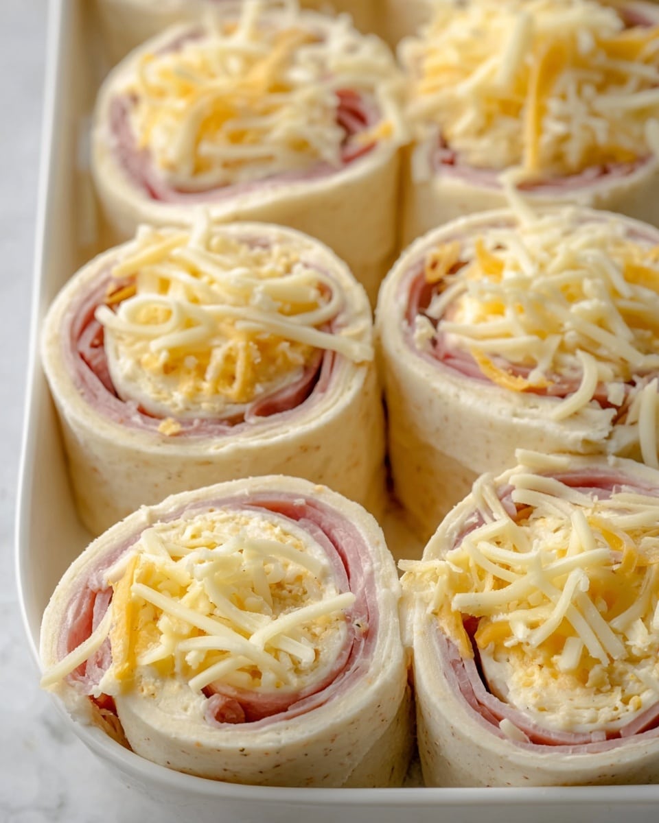 The image shows close-up views of several round, uncooked roll-ups arranged closely in a white dish on a white marbled surface. Each roll-up has three main visible layers: the outer layer is a light beige, soft dough wrapped around the fillings; inside there is a layer of thinly sliced pink ham; the center is filled with creamy, yellow scrambled eggs topped with a generous pile of shredded pale yellow cheese. The texture of the dough is smooth with a few specks, while the cheese looks soft and loose, almost falling apart. The roll-ups are tall and thick, filling most of the white dish area. Photo taken with an iphone --ar 4:5 --v 7
