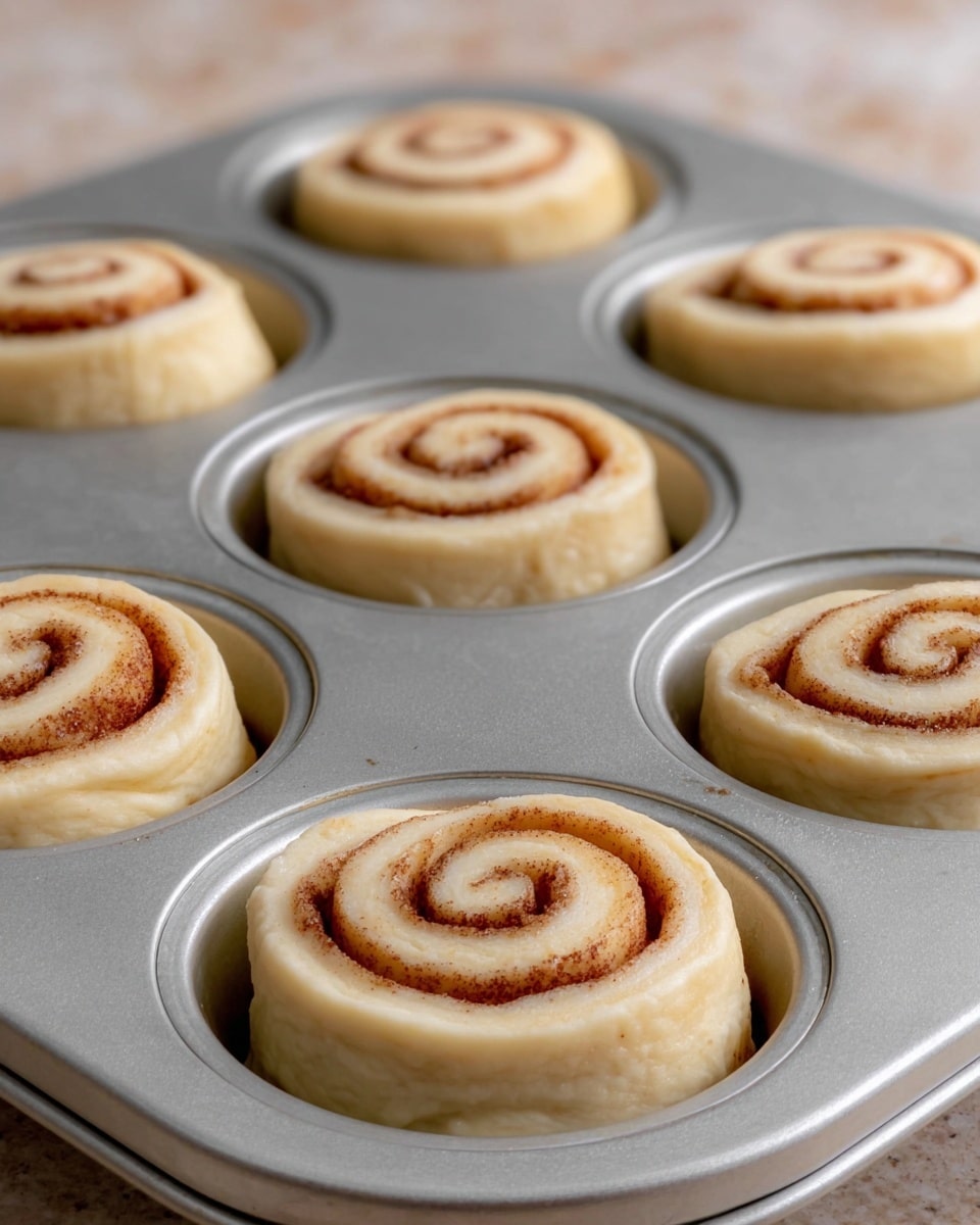 The image shows several raw cinnamon rolls placed evenly inside a metallic cupcake pan. Each roll is made of light beige dough spiraled into a circle with a reddish-brown cinnamon sugar filling layered in the spiral. The rolls are soft, plump, and neatly positioned in round molds with smooth edges. The background has a white marbled texture faintly visible around the pan. The lighting is soft, highlighting the smooth dough texture and the sweetness of the cinnamon filling photo taken with an iphone --ar 4:5 --v 7