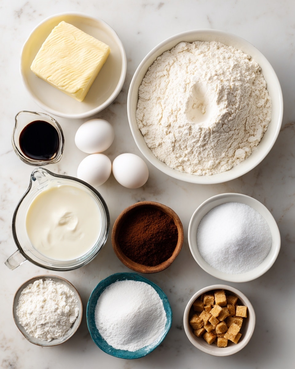 The image shows a top view of several white bowls and a clear measuring cup arranged on a white marbled surface, each filled with different baking ingredients. In the top right, a large white bowl holds flour with a small dip in the center. To its left, a smaller white bowl contains a block of pale yellow butter. Below the flour bowl is a glass measuring cup filled with creamy white buttermilk. To the center left, a small black bowl holds dark brown vanilla extract, next to two white eggs resting on the surface. Below the eggs, a white bowl is filled with granulated white sugar. A small wooden bowl contains white baking powder, placed above the sugar. Next to baking powder, a small tan bowl has dark brown instant espresso powder. At the bottom right, a white bowl with a blue inner edge holds bright white powdered sugar. Lastly, a small white bowl at the bottom contains golden brown toffee bits. Each ingredient is labeled with beige text boxes. photo taken with an iphone --ar 4:5 --v 7