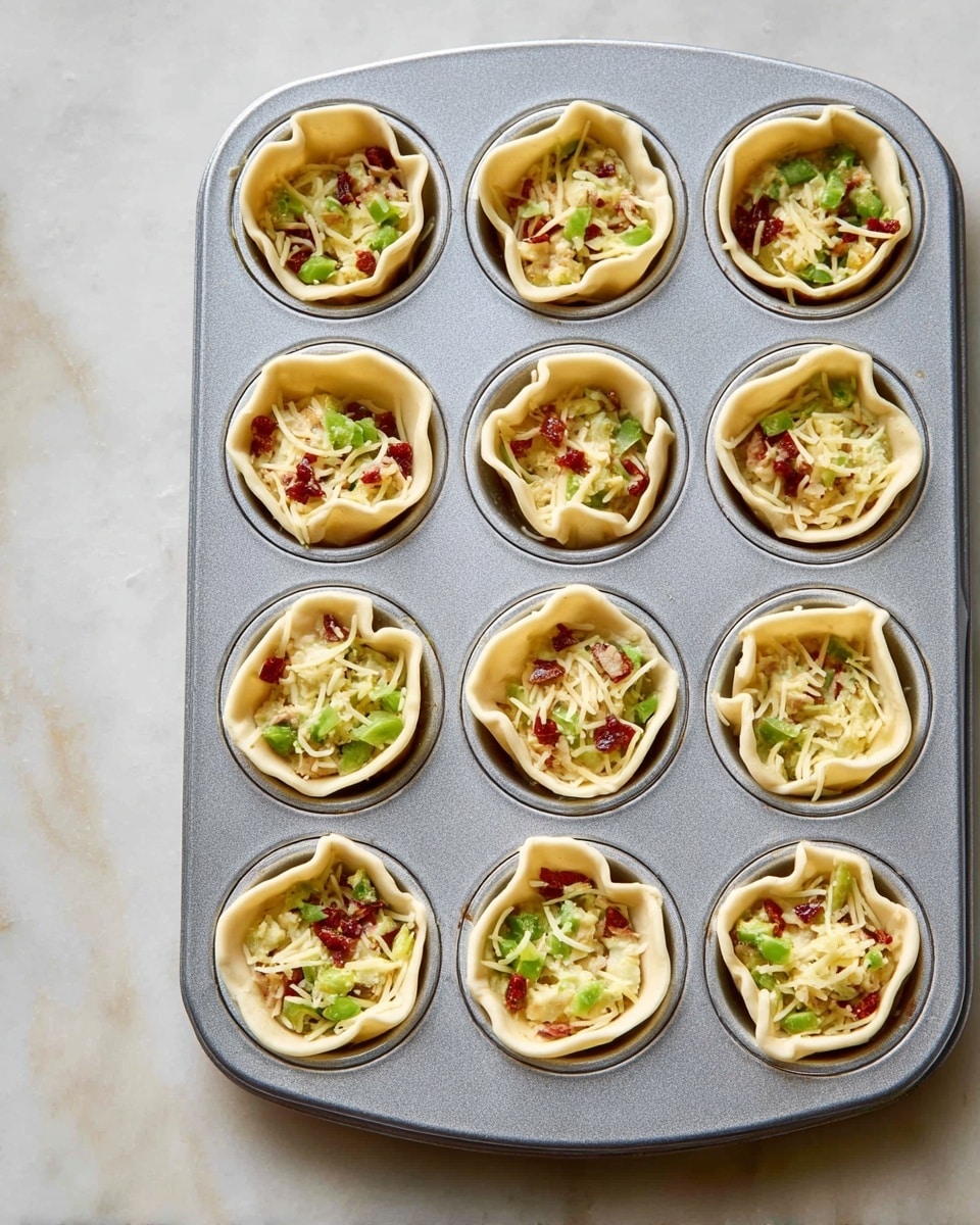 A gray metal muffin tray holds twelve small, round dough cups evenly spaced in three rows. Each dough cup forms a bowl with a soft beige color and slightly folded edges, filled with a mixture of shredded pale yellow cheese, small bright green slices of vegetable, and bits of dark red ingredient scattered throughout. The tray rests on a white marbled surface that adds a soft texture to the scene. photo taken with an iphone --ar 4:5 --v 7
