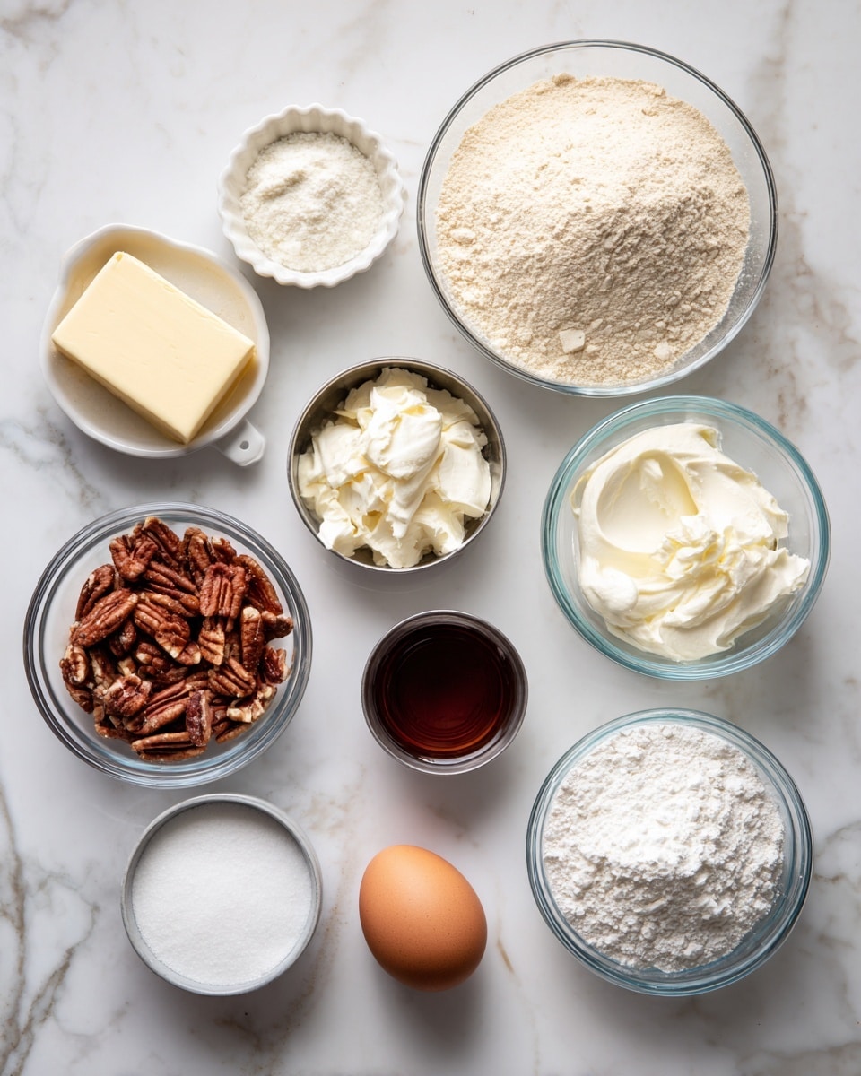 The image shows a top-down view of various baking ingredients arranged on a white marbled surface. There are ten clear glass bowls and small metal cups holding different ingredients: a pale yellow block of butter in a small white ramekin, a large bowl filled with beige almond flour, a smaller bowl of light off-white coconut flour, a small metal cup with white cream cheese, a metal cup filled with light brown sweetener, a clear bowl with chopped dark brown pecans, a small glass with off-white heavy cream, another small metal cup of dark brown vanilla extract, a glass bowl containing white powdered sweetener, and a very small bowl with white baking powder. Next to these is a single brown egg placed directly on the marbled surface. All items are neatly spaced and labeled clearly. photo taken with an iphone --ar 4:5 --v 7