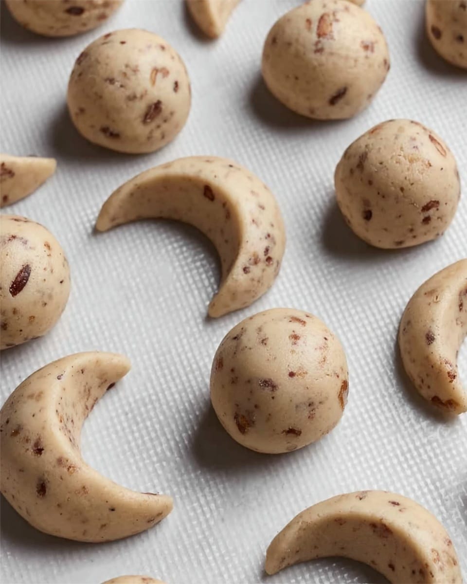 The image shows evenly spaced raw cookie dough balls and crescent-shaped dough pieces on a white baking sheet with a subtle grid texture. The dough is light beige with small brown nut pieces mixed throughout. The dough balls are round and smooth, while the crescent shapes are slightly curved and look soft. The background is a white marbled texture. photo taken with an iphone --ar 4:5 --v 7