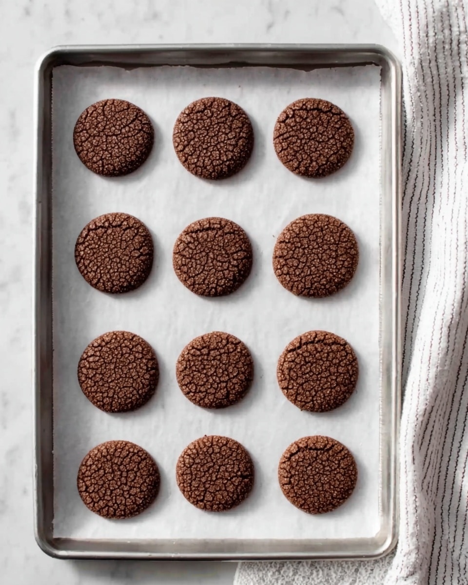 There is a metal baking tray with a white paper sheet on top. On the paper, there are 12 round chocolate cookies arranged in 3 rows and 4 columns. Each cookie has a rough and cracked texture, giving them a crunchy look. The background is a white marbled surface, and a part of a white cloth with thin dark stripes is visible on the right side. Photo taken with an iphone --ar 4:5 --v 7