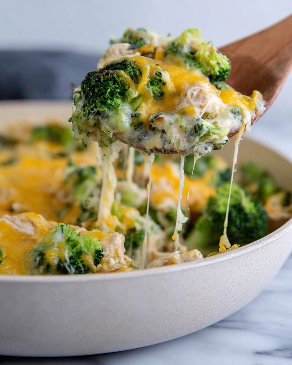 A close-up shows a wooden spoon lifting a cheesy broccoli dish from a white pan. The dish has bright green broccoli florets with yellow and white melted cheese stretching in thin strings from the pan. There are soft, light pieces of chicken mixed in with the broccoli and cheese. The wooden spoon holds a thick scoop with visible textures of tender broccoli and creamy cheese on top, all set against a white marbled surface. photo taken with an iphone --ar 4:5 --v 7