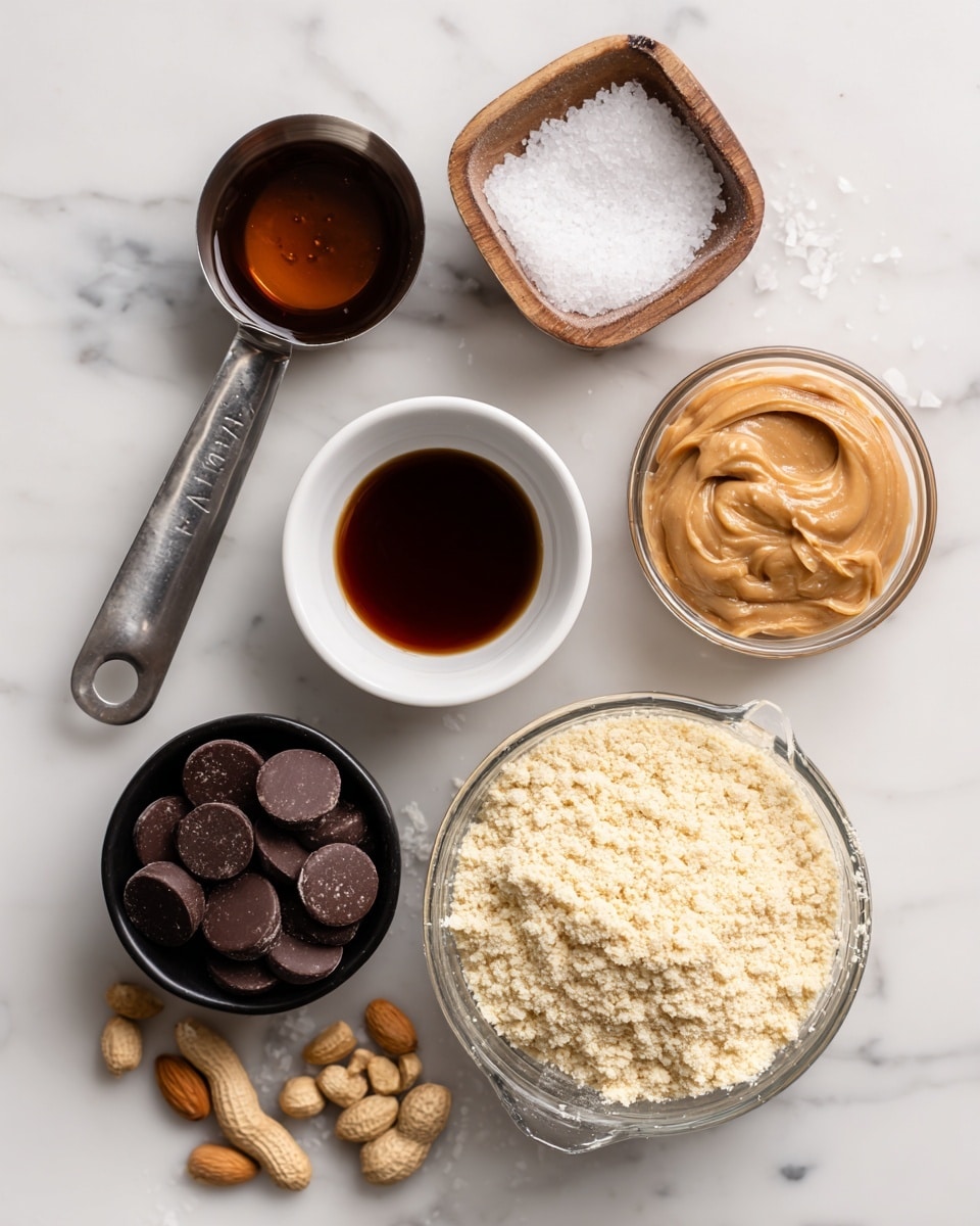 The image shows ingredients arranged neatly on a white marbled surface. In the bottom center, there is a large clear glass bowl filled with a pale yellow powder labeled almond flour. Above it, in the center right, is a clear measuring cup filled with smooth, light brown peanut butter. To the right of this cup is a small white bowl holding a dark brown liquid labeled vanilla extract. Above the almond flour bowl and to the left, there is a small black bowl filled with round dark brown chocolate melts. Above this bowl is a small metallic measuring cup with dark amber maple syrup. Near the top right corner, there is a small wooden container with an open lid showing white salt crystals inside. Scattered loosely near the salt container are a few whole peanuts. Finally, near the top left corner, a metallic measuring spoon holds solid white coconut oil. All items are evenly spaced and clearly labeled with black text. Photo taken with an iphone --ar 4:5 --v 7