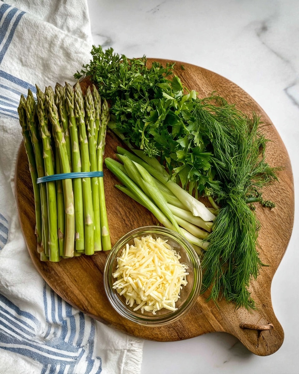 A round wooden cutting board holds fresh green asparagus bundled with a blue rubber band on the left side. To the right of the asparagus, a few long green onions lie on top of a bunch of mixed fresh herbs, including curly parsley and dill with their thin green leaves spread open. In the bottom center of the board, a clear glass bowl is filled with pale yellow shredded cheese. The board is set on a white marbled surface, and a white cloth with blue stripes is partially visible on the lower left corner. Photo taken with an iphone --ar 4:5 --v 7