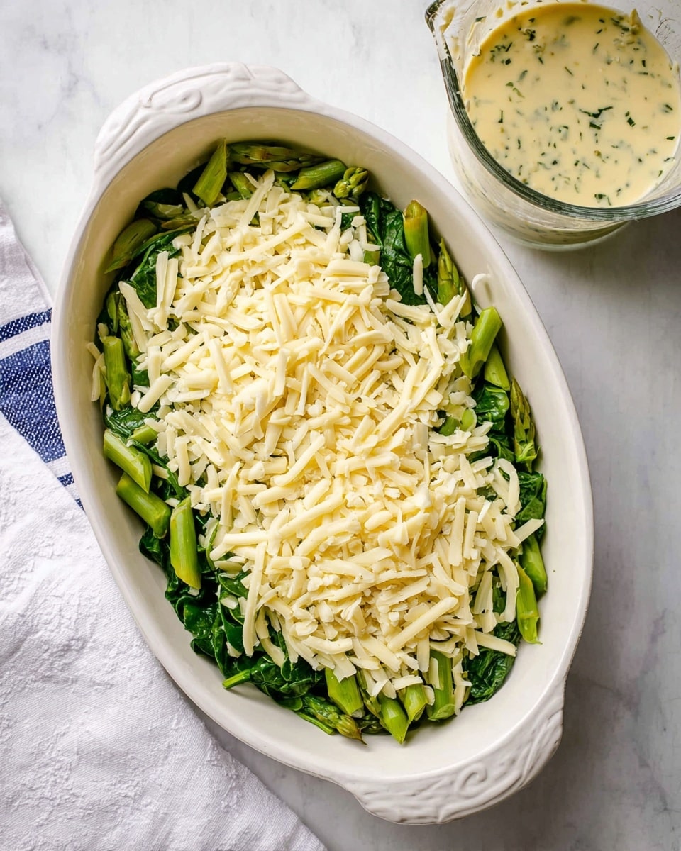 A white oval ceramic dish holds a fresh layered vegetable and cheese mix. The bottom layer is a bed of chopped bright green spinach leaves, covered by medium-sized pieces of green asparagus with a smooth texture. The top layer is a thick, even spread of shredded pale yellow cheese, slightly crumbly and loosely arranged. To the top right of the dish, there is a clear glass measuring cup with a creamy yellow mixture containing green herb flecks. The dish and cup sit on a white marbled surface with a white cloth with blue stripes partially visible on the bottom left. Photo taken with an iphone --ar 4:5 --v 7