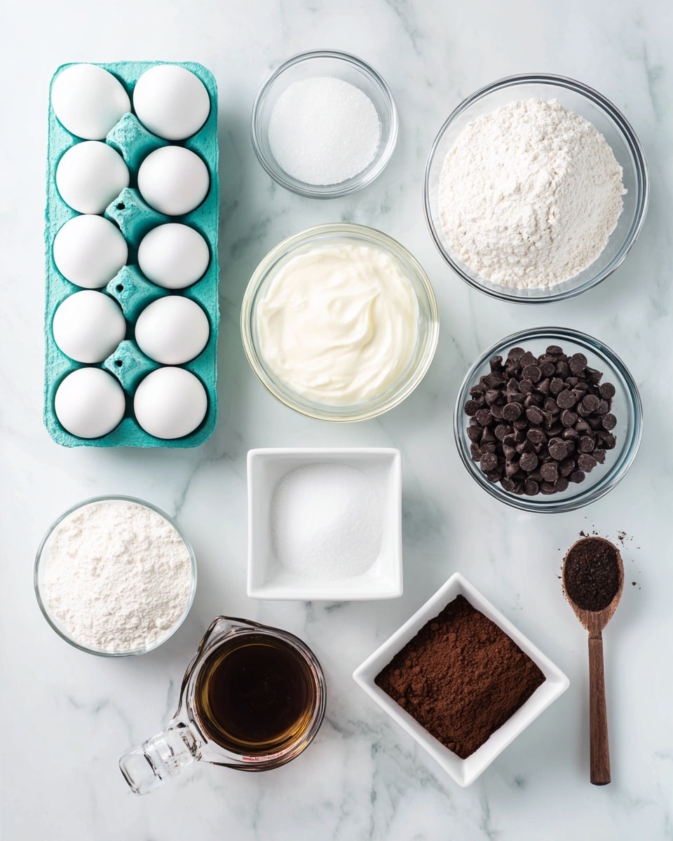 This image shows a top view of various baking ingredients arranged on a white marbled surface. There is a turquoise egg holder with six white eggs at the top left, next to a clear round bowl full of white flour on the top right. Below the eggs, a small glass bowl holds thick white yogurt. In the center, a measuring cup contains a white liquid, likely milk. Near the flour, a glass bowl filled with white granulated sugar sits to the right. A white square dish contains white baking soda and salt toward the middle bottom. To the right of this, a small white square bowl is filled with dark brown chocolate chips. At the bottom right, a clear bowl holds dry cocoa powder. In the bottom left corner, a glass measuring cup has clear vegetable oil, and next to it lies a wooden spoon with a dark brown liquid, probably vanilla extract. The items are spaced neatly on the bright white marbled background. photo taken with an iphone --ar 4:5 --v 7