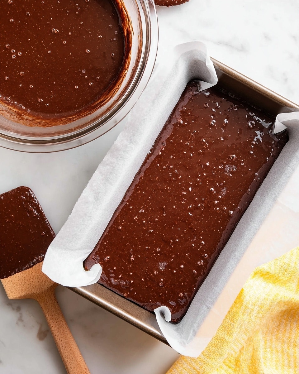 A close-up of a rough rectangular baking pan lined with white parchment paper filled with thick, dark brown chocolate batter that has a shiny, wet surface with small bubbles. Above and to the left is a clear glass bowl with more the same chocolate batter inside, showing a similar texture and small bubbles. Below to the left is a spatula with a wooden handle covered in the same chocolate batter, resting on a white marbled surface. A yellow and white cloth is partially visible on the bottom right corner on the white marbled surface. photo taken with an iphone --ar 4:5 --v 7