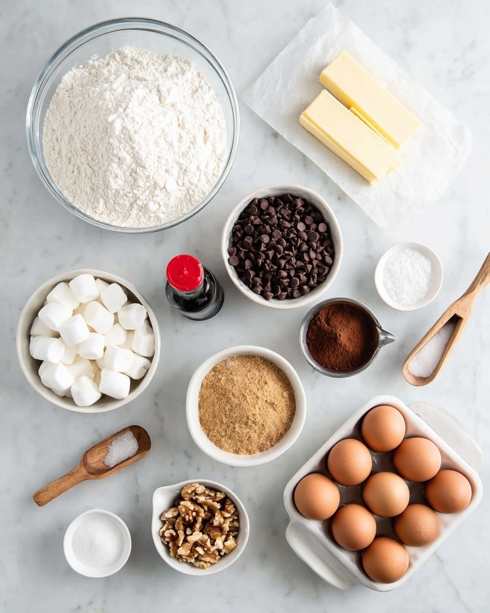 The image shows a top view of baking ingredients placed on a white marbled surface. There is a large clear bowl filled with white flour at the top left and two sticks of butter on a piece of white paper to the top right. Below the flour bowl is a small white bowl filled with chocolate chips with a small wooden scoop inside. To its right is a small dark bottle with a red cap. Below the bottle is another white bowl filled with large, white marshmallows. To the right of the marshmallows is a metal measuring cup filled with light brown sugar. Near the sugar is a round white bowl with cocoa powder. Below the chocolate chips is a small white bowl with chopped nuts and a wooden scoop. At the bottom left are two small white dishes, one with salt and the other with baking soda. Finally, at the bottom right, there is a white carton holding six brown eggs. All items are neatly arranged in a clean, bright setting. photo taken with an iphone --ar 4:5 --v 7
