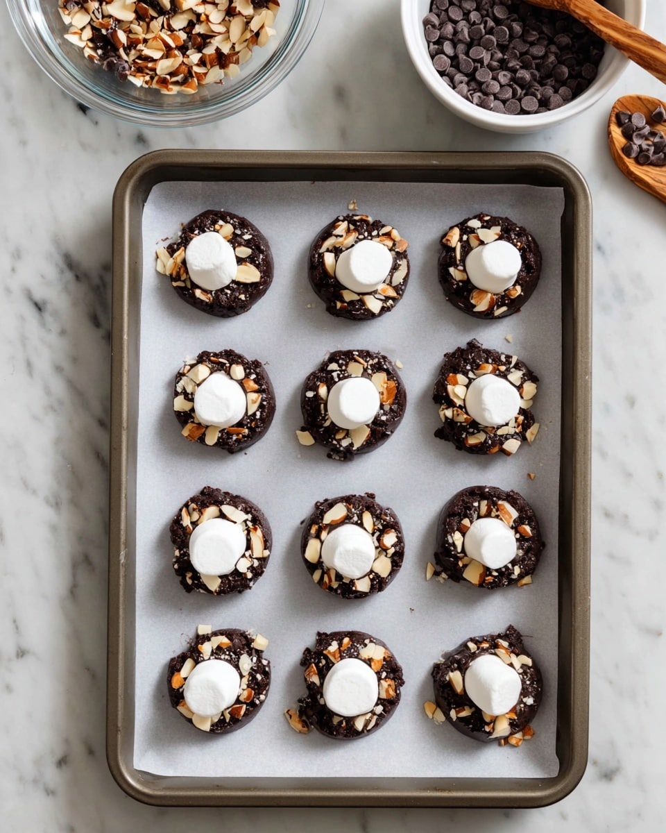A baking tray lined with white parchment paper holds 12 round dark chocolate cookie dough pieces arranged in a 3x4 grid. Each cookie has a single large white marshmallow placed in the center, partially surrounded by chopped almonds and small dark chocolate chips embedded in the dough. The dark chocolate dough has a rough texture visible around the marshmallows, which creates a contrast with the smooth white marshmallow tops. The tray is on a white marbled surface, which also shows a glass bowl with similar chocolate dough and almonds in the top left, and a white bowl filled with dark chocolate chips and a wooden spoon in the top right. photo taken with an iphone --ar 4:5 --v 7