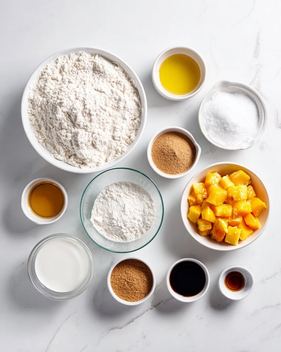 The image shows a variety of baking ingredients arranged neatly on a white marbled surface. There are thirteen containers in total, including bowls and small cups, each holding a different ingredient. On the left, a large bowl is filled with white flour, and next to it are smaller white bowls and cups holding liquids like oil, milk, and melted butter. Toward the center-right, a white bowl contains chopped yellow and orange fruit pieces, possibly peaches or mangoes. Surrounding this bowl are smaller containers holding light brown sugar, cinnamon powder, white sugar, and a dark vanilla extract in a tiny cup. All ingredients are displayed in clear white bowls and cups, giving a clean and organized look. Photo taken with an iphone --ar 4:5 --v 7