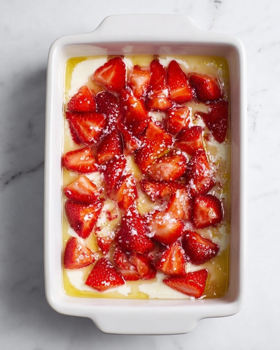 A white rectangular dish filled with a dessert that has two visible layers; the bottom layer is creamy white with a smooth texture, while the top layer is covered with fresh, sliced strawberries in bright red shades scattered unevenly across the surface. The strawberries sit in a shiny, light golden syrup that adds a slightly glossy look, with small patches of granulated white sugar sprinkled over the top. The dish is placed on a white marbled textured surface. photo taken with an iphone --ar 4:5 --v 7