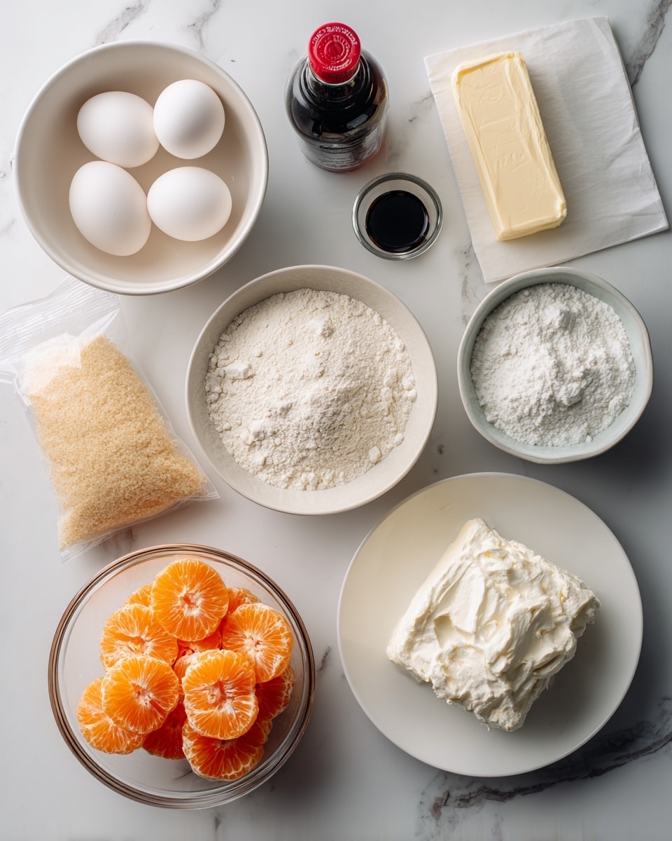 The image shows a white marbled surface with various cooking ingredients neatly arranged. There is a white carton holding four white eggs on the left side, a stick of butter wrapped in foil at the top, and a small black bottle with a red cap, likely vanilla extract, near the center top. A clear glass bowl filled with bright orange mandarin slices is placed towards the bottom left, next to a white round bowl with some grated light brown ginger. A sealed plastic bag filled with white flour lies in the middle, with a white bowl full of white powder, likely powdered sugar, on the top right, and a white bowl with fluffy white whipped cream on the right side. A small rectangular piece of butter with printed text is placed near the bottom right corner. photo taken with an iphone --ar 4:5 --v 7