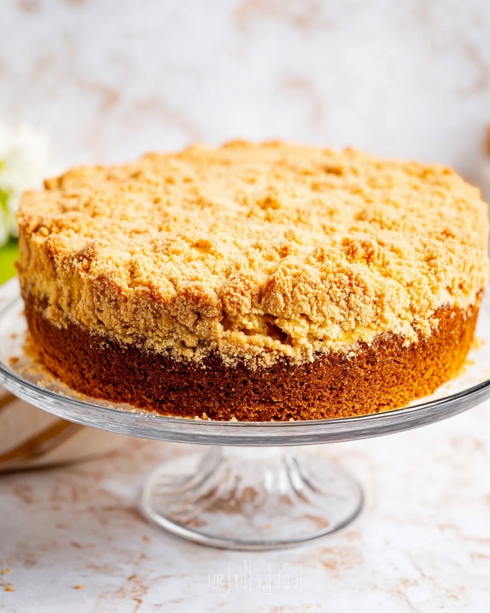 A thick round cake with two main layers sits on a clear glass cake stand. The bottom layer is a darker brown, looking soft and full of small bits, while the top layer is light golden with a crumbly texture that covers the whole cake. The sides are rough and have a few cracks, showing a homemade style. The background is a white marbled surface with soft lighting highlighting the cake’s crumbly top and moist base. Photo taken with an iphone --ar 4:5 --v 7
