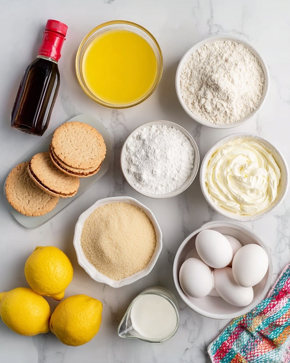 The image shows an overhead view of various baking ingredients arranged neatly on a white marbled surface. There are two whole yellow lemons in the bottom left corner, next to three light tan sandwich cookies. Above them is a small clear glass container filled with golden melted butter. To the right of the butter is a white bowl filled with fine white granulated sugar. Above the sugar is a bowl with light brown flour. To the right of the flour is a bowl with white cream cheese, spread smoothly inside. To the far right in a white bowl are four whole white eggs. Above the eggs is a small bowl containing white baking powder or salt. To the left of the lemons is a dark brown bottle with a red cap, likely vanilla extract, and above it is a clear glass measuring cup filled with a white liquid, possibly heavy cream. Next to the bottle is a small glass jar filled with white milk. A colorful cloth is partly in view at the bottom right near the bowl of eggs. The image is bright and clean. Photo taken with an iphone --ar 4:5 --v 7