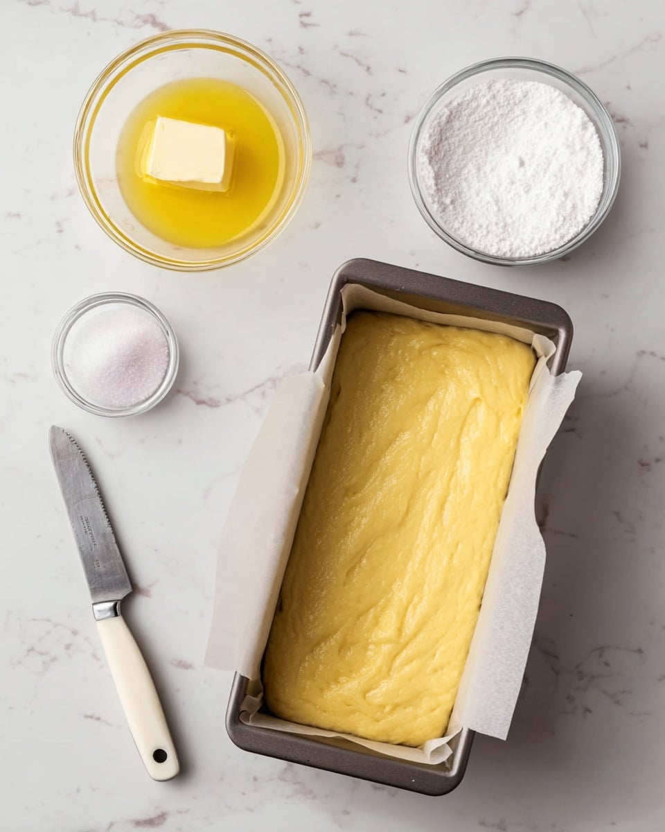 A rectangular metal loaf pan lined with parchment paper holds a smooth, thick yellow batter spread evenly inside. To the left of the pan, a small clear glass bowl with melted butter sits next to a white-handled knife with a metal blade. On the right side, two small clear glass bowls hold white granulated sugar and powdered sugar separately. All items are placed on a white marbled surface. photo taken with an iphone --ar 4:5 --v 7