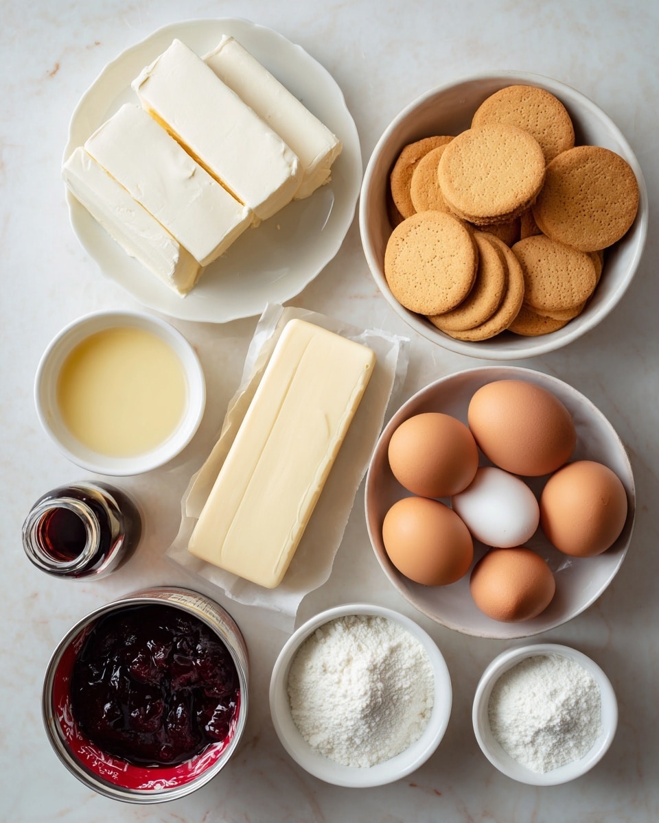 The image shows a white marbled surface with several baking ingredients arranged neatly. At the top left, three thick white blocks of cream cheese stack in a white plate. Nearby, a small white bowl contains a pale yellow liquid. A larger white bowl at the top right is filled with round golden brown vanilla wafers. Below, a stick of yellow butter with a wrapper marked