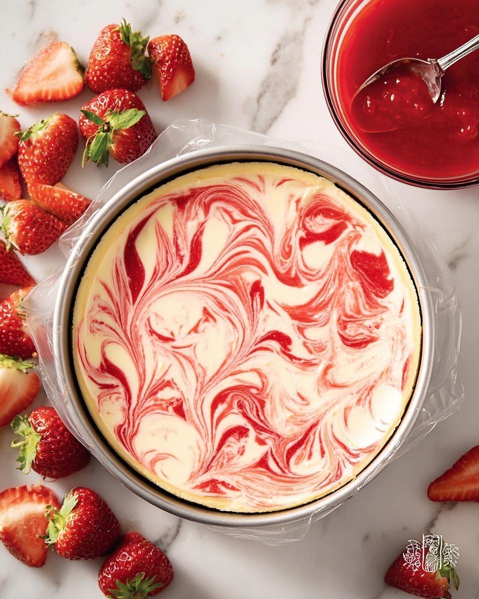 A round cheesecake with a smooth creamy off-white base layer is shown, topped with red and white swirls creating a marbled pattern that looks like swirling waves or flower petals on the surface. The cheesecake is in a clear glass pan lined with plastic wrap. Around the cheesecake, there are fresh red strawberries, some whole and some sliced, placed on a white marbled surface. A glass bowl holds a bright red sauce with a spoon visible inside. The lighting highlights the glossy texture and bright colors of the cheesecake and strawberries. Photo taken with an iphone --ar 4:5 --v 7