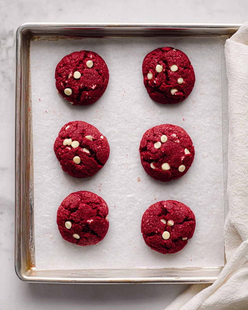 The image shows six round red velvet cookies with visible white chocolate chips scattered on top and inside, arranged in two rows on a sheet of white parchment paper. The parchment paper is placed on a silver baking tray. The cookies have a slightly rough and textured surface with small cracks, and their deep red color contrasts with the white chips. The tray sits on a white marbled surface with a soft white cloth partially visible on the right side. Photo taken with an iphone --ar 4:5 --v 7