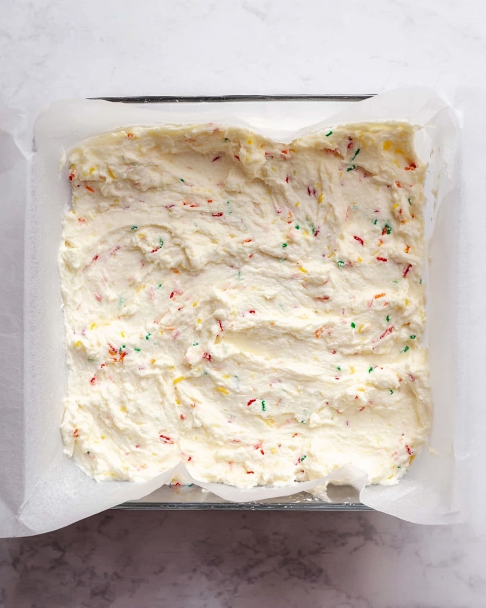A square glass dish lined with white parchment paper holds a thick, uneven layer of creamy white mixture with small red, green, and yellow sprinkles scattered throughout. The mixture has a rough texture, looking soft and slightly fluffy, spread to fill the bottom of the dish. The dish sits on a white marbled surface. photo taken with an iphone --ar 4:5 --v 7