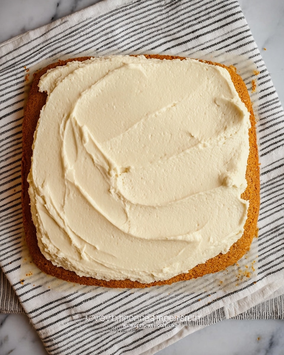 A thin single layer of light brown cake laid flat with an even spread of creamy white frosting on top, showing a smooth texture with some gentle swirls. The edges of the cake are slightly uneven and the cake base rests directly on a white cloth with thin dark stripes, placed over a white marbled surface. photo taken with an iphone --ar 4:5 --v 7
