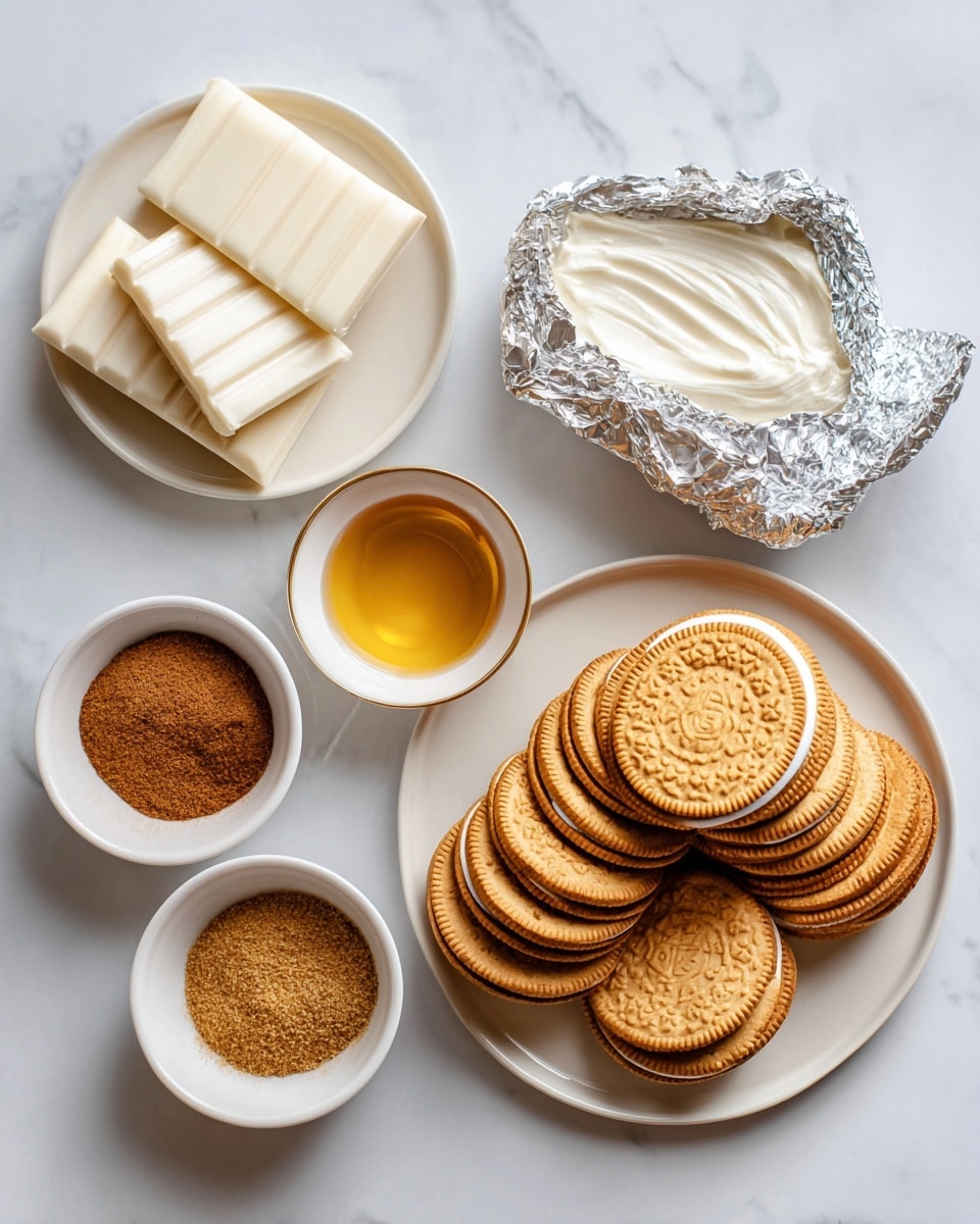 The image shows a top view of several small white bowls and a foil-wrapped cream cheese triangle arranged neatly on a white marbled surface. There is a round white plate filled with white almond bark squares placed at the upper left, a small white bowl with a golden liquid vanilla extract below it, and another small white bowl filled with brown ground cinnamon below that. On the right side, a round white plate is covered with two overlapping layers of golden oreo cookies arranged in concentric circles. The cream cheese is partially unwrapped showing a creamy white color. photo taken with an iphone --ar 4:5 --v 7
