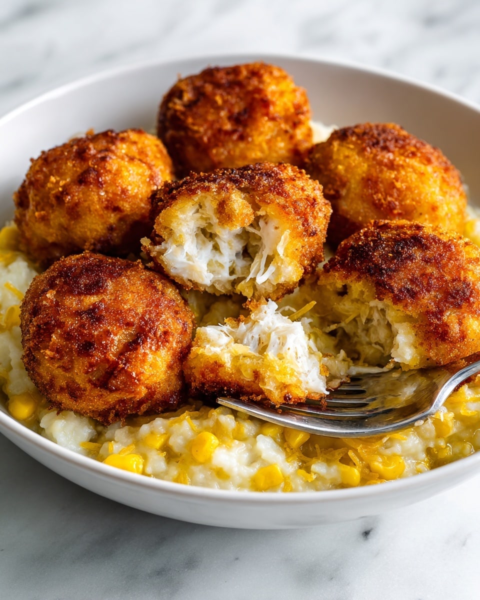 A clear glass bowl lined with white paper towels holds a pile of golden-brown, crispy fried pieces with rough, crunchy breading. The bowl sits on a dark wooden surface with a white marbled texture replacing the background. Around the bowl, there are small white bowls, one with yellow corn, partially visible on the right side. The fried pieces have an uneven texture, showing crunchy edges and a warm, inviting color. Photo taken with an iphone --ar 4:5 --v 7