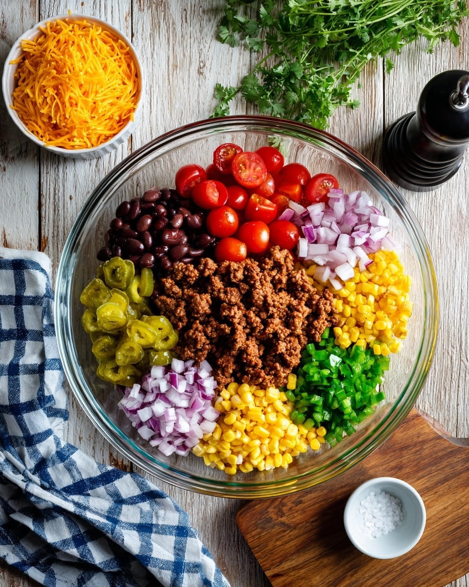 A large clear glass bowl sits on a wooden table with seven different ingredients arranged in separate sections inside: cooked ground beef in brown, halved cherry tomatoes in bright red, black beans, yellow corn, chopped yellow pickles, finely chopped red onions, and fresh green herbs with chopped green peppers next to the beef. To the left of the bowl, there is a small white bowl filled with shredded orange cheese, and a blue and white checkered cloth is draped nearby. Fresh green herbs are partially visible on the white marbled textured surface in the top right corner. On the bottom right, there is a wooden board holding a black pepper grinder and a small white salt dish. photo taken with an iphone --ar 4:5 --v 7