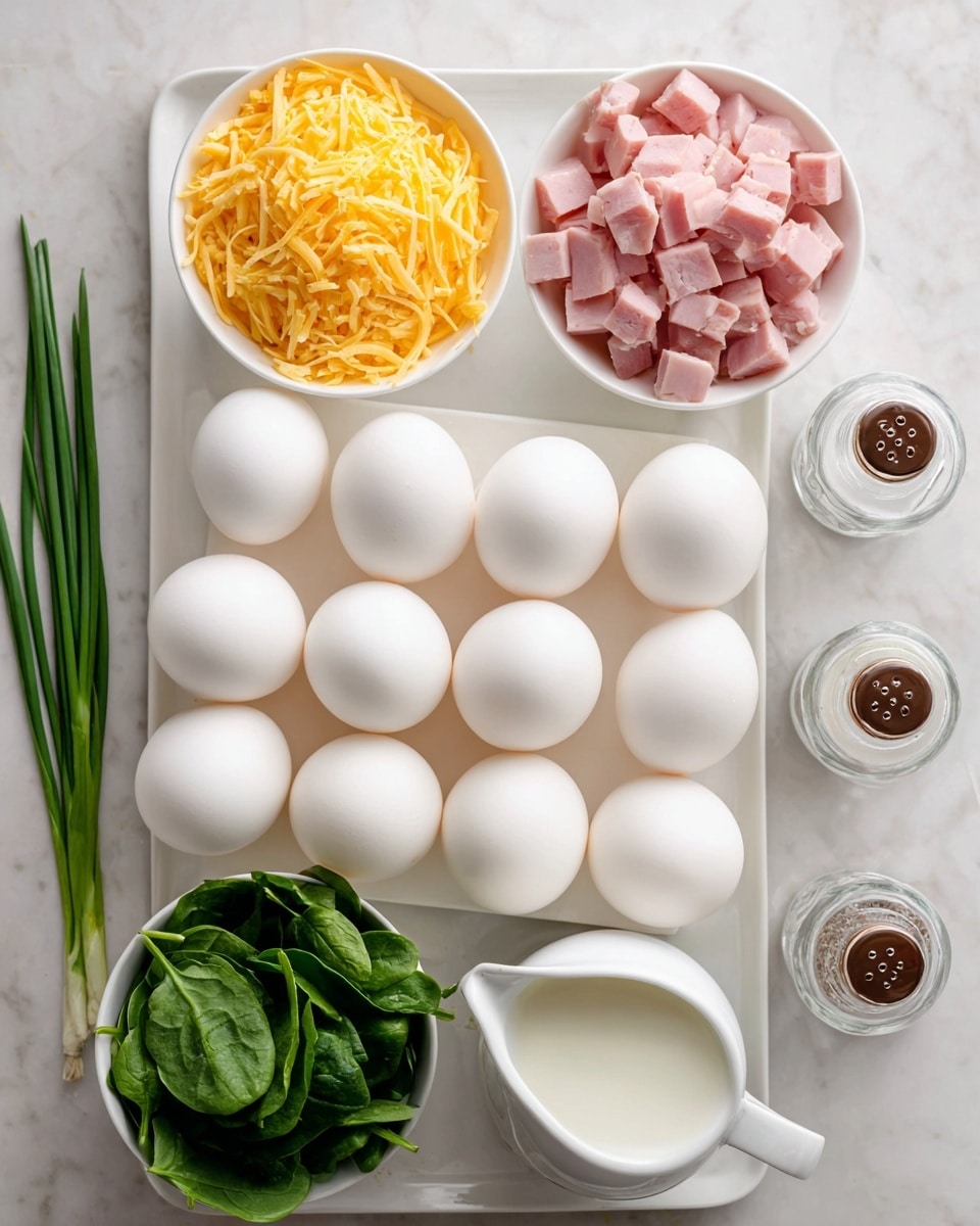A white tray holds twelve white eggs arranged in three rows of four on a white marbled surface. Above the eggs, there is a white bowl filled with bright yellow shredded cheddar cheese. To the right of the cheese, a white bowl contains pink cubed cooked ham. Below the bowls, a white measuring cup holds fresh green spinach leaves. Next to the spinach, on the right side of the image, are two clear glass salt and pepper shakers with brown tops. At the bottom right corner, there is a white small pitcher filled with white milk. On the left side, a few green chive stalks are placed on the white marbled surface. Photo taken with an iphone --ar 4:5 --v 7