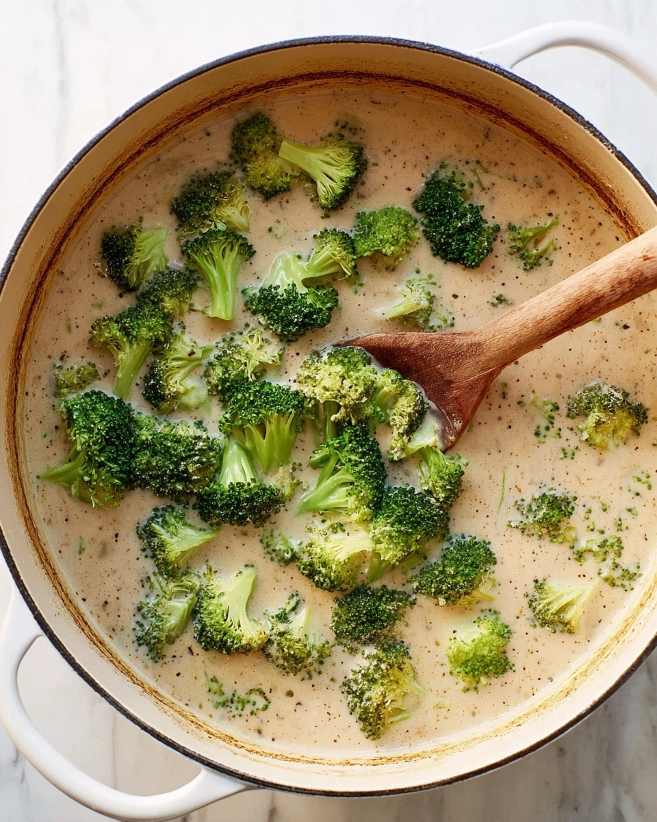 A large white pot contains a creamy beige soup with small specks of seasoning. On top, there are many bright green broccoli florets scattered unevenly, some partially covered by the soup. A wooden spoon rests inside the pot, partially submerged, lifting some broccoli. The pot's interior rim shows slight browning, and the pot sits on a white marbled surface. photo taken with an iphone --ar 4:5 --v 7