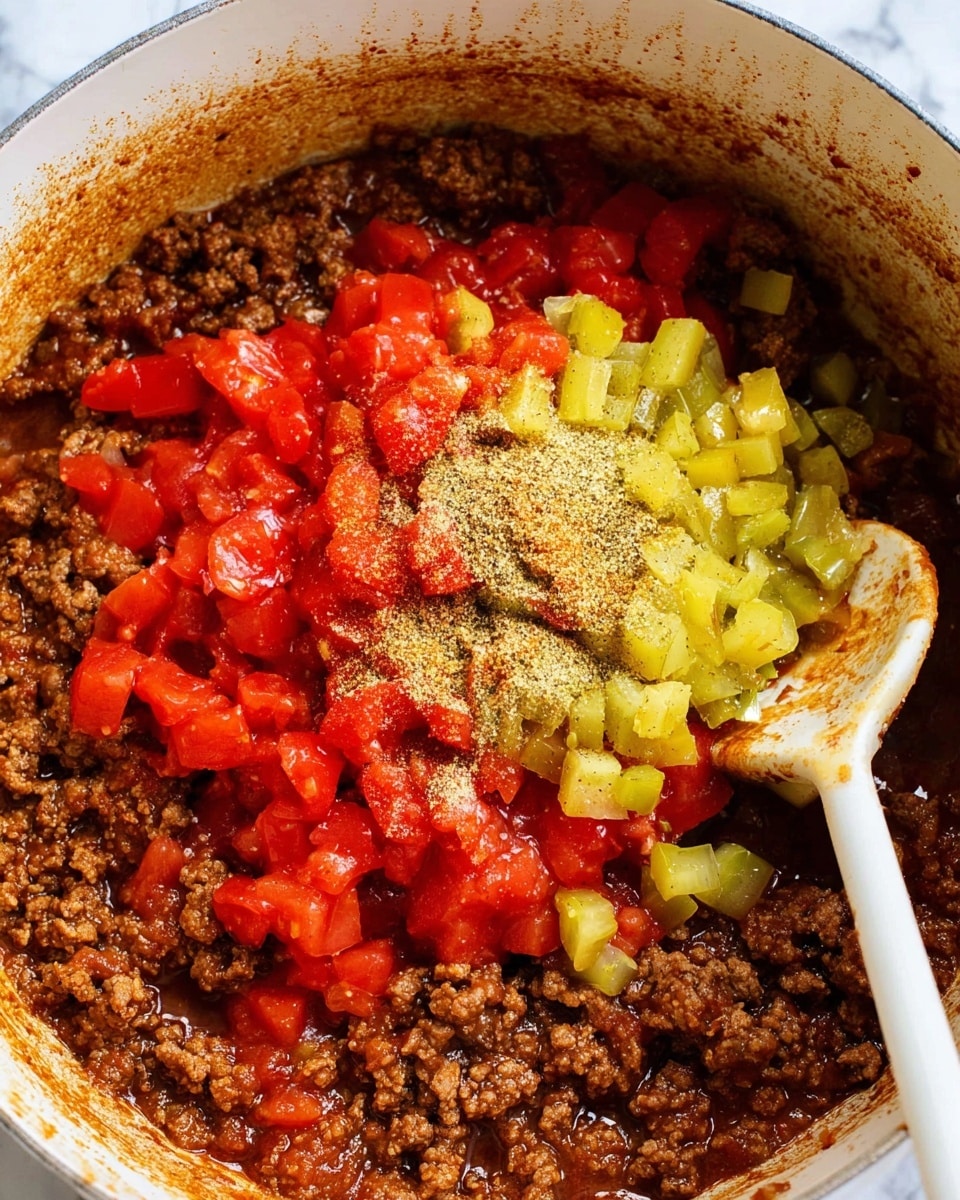 A close-up view inside a white pot showing a mix of cooked ground meat and onions in a dark brown layer around the edges. In the center, there is a mound of bright red diced tomatoes, topped with chopped yellow-green peppers and a sprinkle of light brown ground spices. A white spoon with some sauce on it rests on the right side inside the pot. The background around the pot is a white marbled texture photo taken with an iphone --ar 4:5 --v 7