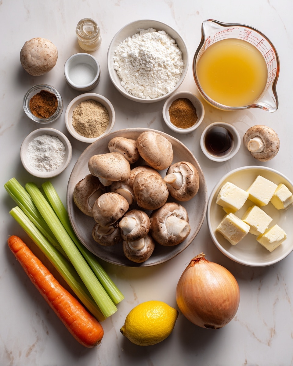 A top view of various cooking ingredients arranged neatly on a white marbled surface. In the center, a round bowl holds many light brown cremini mushrooms with smooth textures. Around it are several small bowls and loose items: to the top right, a large measuring cup filled with golden yellow chicken broth; below it, a white bowl of white flour; near the bottom right, a small white bowl of thick white yogurt and a smaller bowl with light yellow butter cubes; to the bottom right corner, a bulb of garlic and a half lemon showing its yellow flesh. On the bottom left side lie three green celery stalks and two orange carrots with rough skins. Small bowls with spices, balsamic, olive oil, and beef bouillon powder are scattered near the top and left sides. A single glossy brown onion sits to the right of the mushrooms. The items are spaced, clean, and bright, all captured on a smooth bright background, photo taken with an iphone --ar 4:5 --v 7