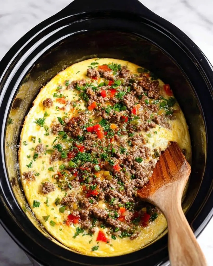 Crockpot Breakfast Casserole with Tater Tots, Sausage, Peppers, and Cheddar Recipe