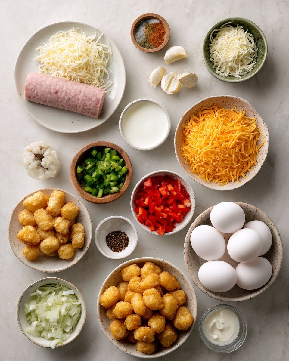 A white marbled table holds a variety of ingredients arranged neatly. At the top center is a yellow and green sausage roll labeled