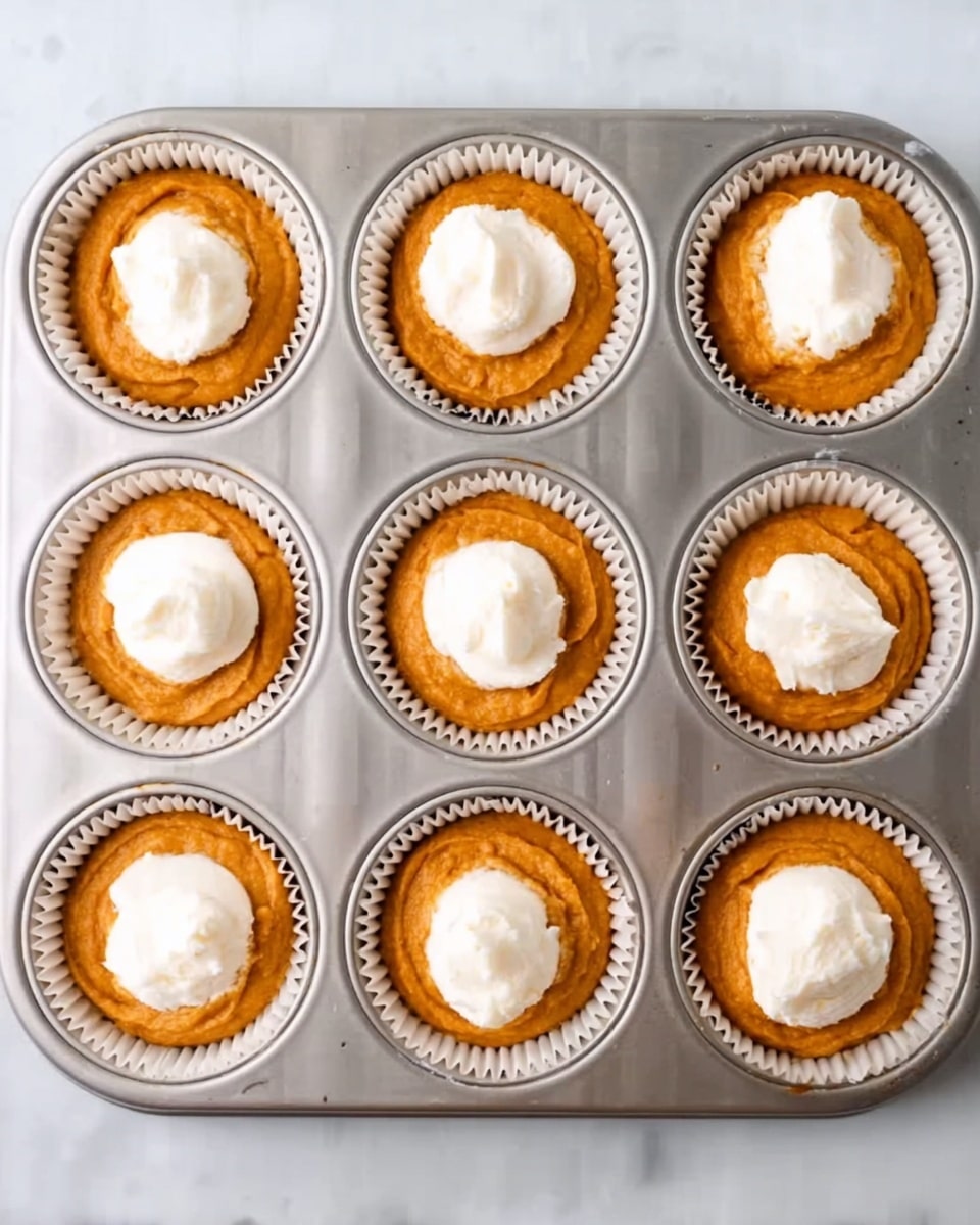 The image shows a metal muffin tray with six white paper liners, each filled with an orange-brown batter layer that looks smooth and thick, topped with a dollop of white creamy filling in the center of each liner. The liners and batter are evenly spaced inside the tray, which is placed on a white marbled surface. photo taken with an iphone --ar 4:5 --v 7