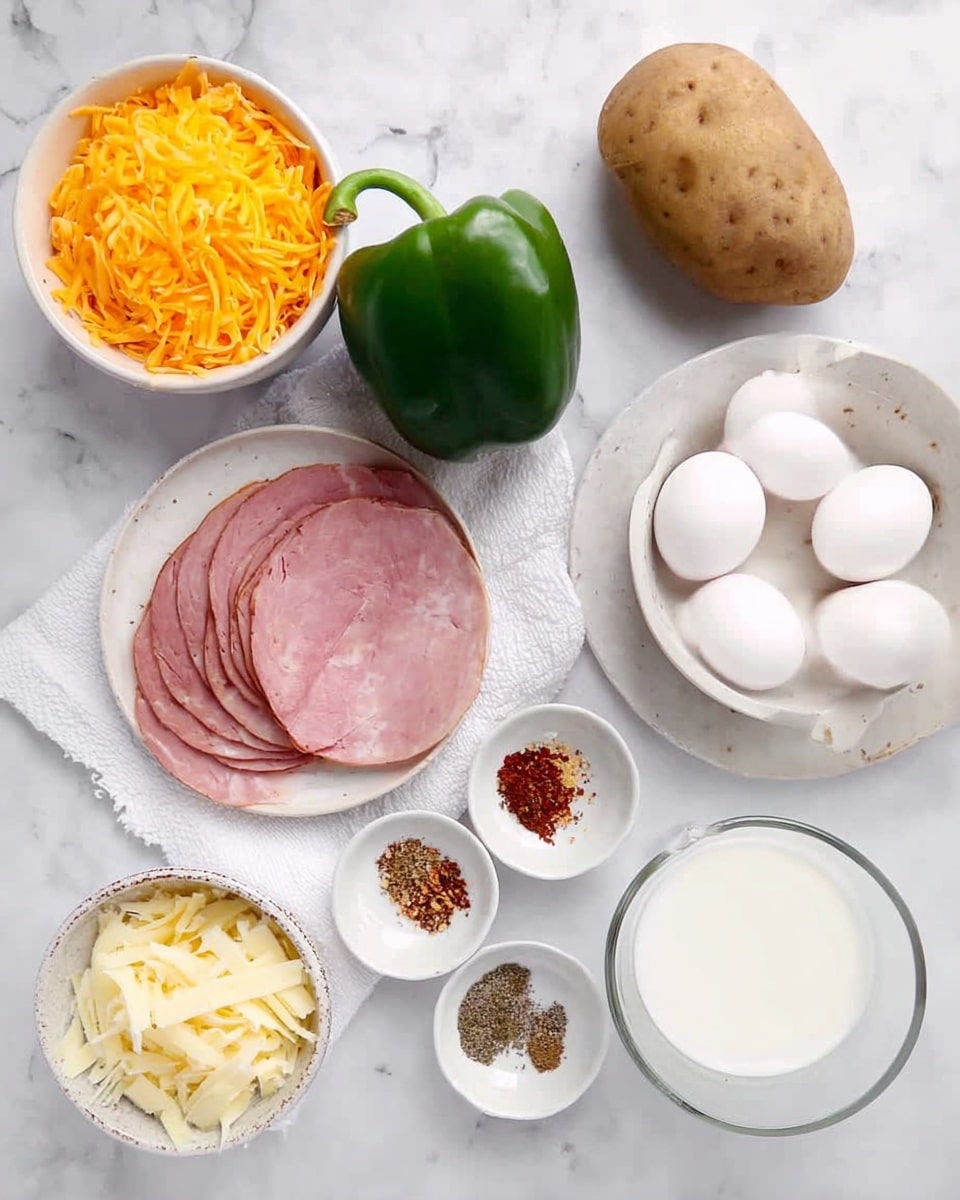 The image shows various ingredients placed on a white marbled surface. There is a small white bowl filled with shredded orange cheese on the top left, next to a green bell pepper and a single potato. Below the cheese bowl are several thin slices of cooked ham arranged in a small pile on a white cloth. Below the ham are shreds of a lighter cheese in a small white bowl. To the right of the potato is a round white bowl with six white eggs inside. Between the ham and eggs, a small white dish holds a mix of spices including black pepper, red powder, and brown powder. A clear glass container sits in the lower right corner filled with white milk. The overall setting is neat and clean, and the ingredients are spaced out clearly. Photo taken with an iphone --ar 4:5 --v 7