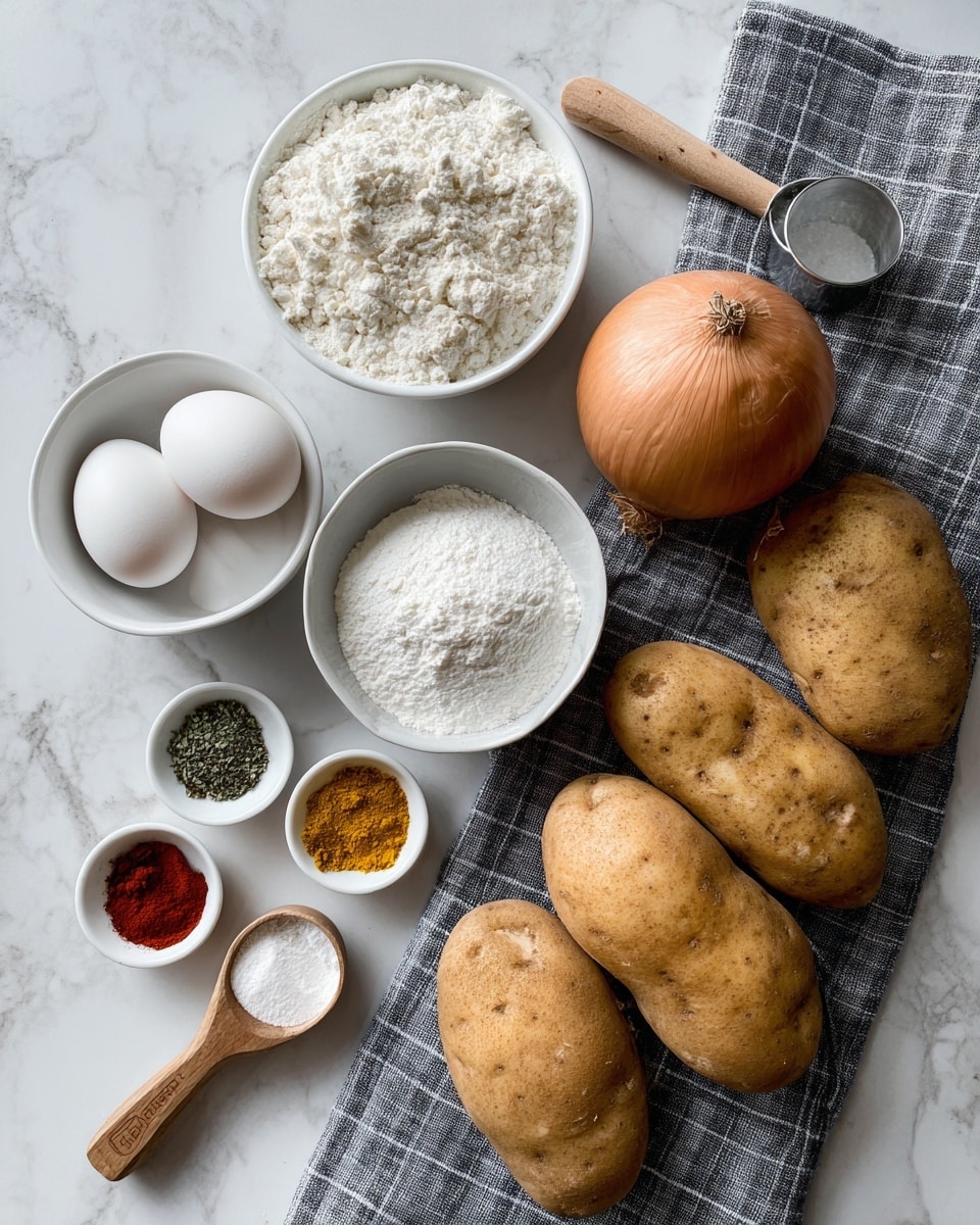 The image shows cooking ingredients on a white marbled surface. There are three large brown potatoes lying on the right side on top of a black and white checked cloth. Above them is one round brown onion. On the left side, there is a small white bowl with two white eggs. Above it, there is another small white bowl filled with white flour. Near the top left corner, there is a white bowl holding five different spices in small piles: red, green, black, white, and yellow colors. Next to it, there is a metal measuring spoon with a wooden handle containing white cornstarch, and below that, a smaller wooden spoon with white baking powder. photo taken with an iphone --ar 4:5 --v 7