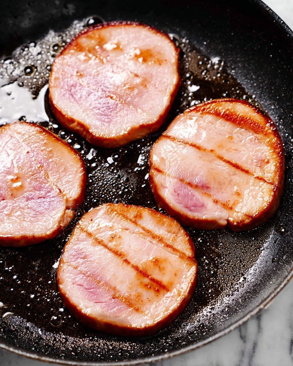 Four round slices of ham are frying in a black pan with oil. Each slice has a light pink color with browned grill marks and a slightly shiny surface from the cooking oil. The pan’s textured black surface is visible with small bubbles of hot oil around the slices. The slices are spaced apart, showing the dark pan underneath. Photo taken with an iphone --ar 4:5 --v 7