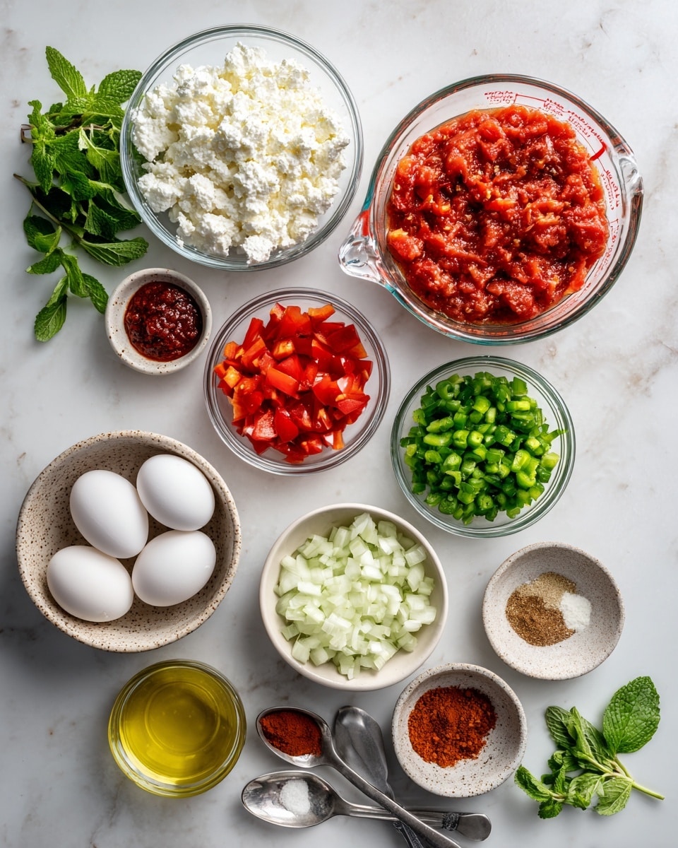 A top-down view of various ingredients arranged neatly on a white marbled surface. In the top left, there is a clear glass bowl filled with white crumbly feta cheese, next to a glass bowl of bright red diced bell peppers. To the right, a clear glass measuring cup holds deep red crushed tomatoes. Below the feta, a silver spoon with minced pale yellow garlic sits beside another small spoon with bright red harissa paste. At the center left, a white speckled bowl contains six white eggs. To the right of the eggs, a clear glass bowl holds finely chopped green bell peppers. Below that is another clear glass bowl filled with diced white onions. In the middle bottom section, a small dark plate has finely chopped green cilantro. Below the garlic and harissa, a small beige bowl has chopped green mint. To the bottom left, a small clear bowl has light yellow olive oil. Finally, at the bottom right, a beige bowl with brown rings contains several spices in small piles, showing shades of red, brown, and black photo taken with an iphone --ar 4:5 --v 7