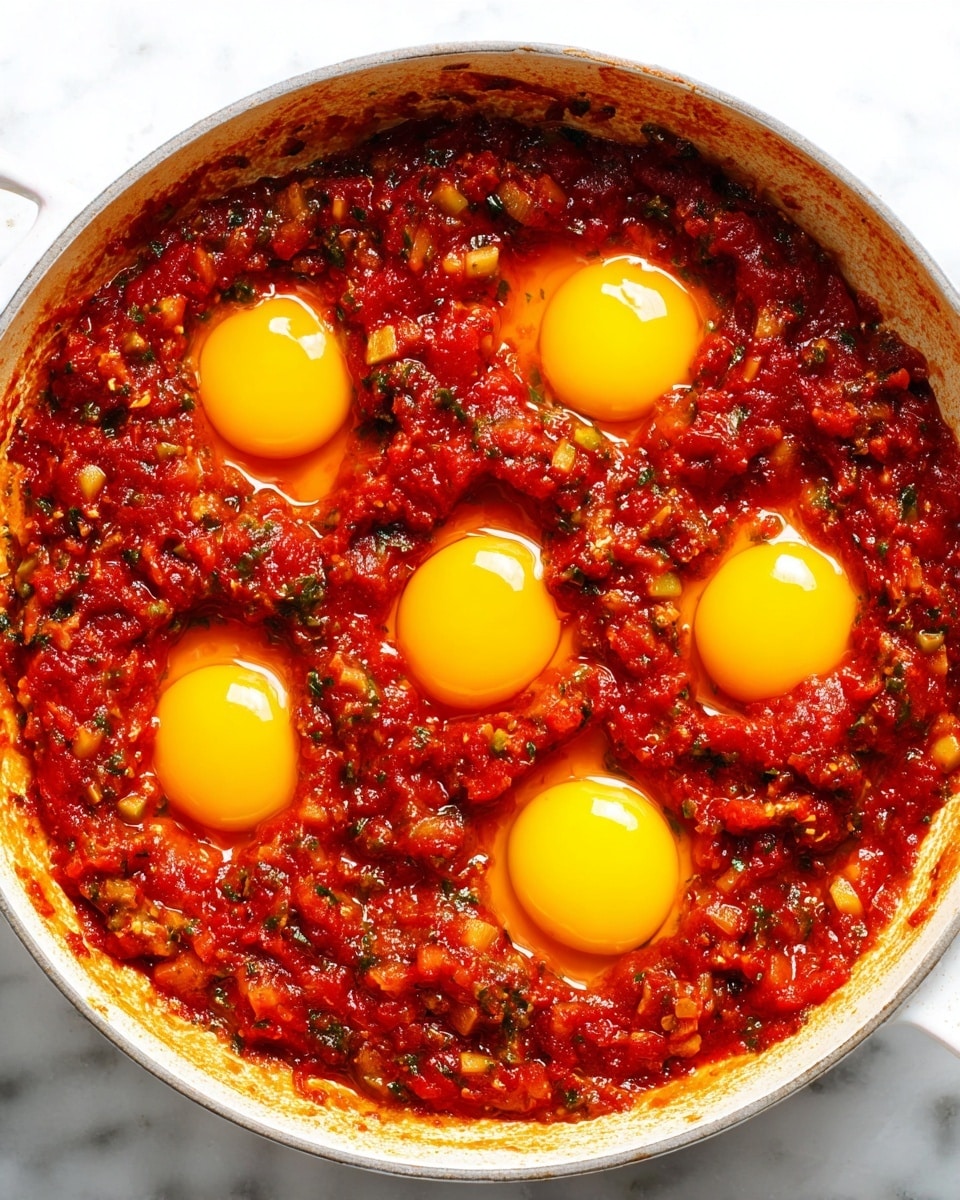 This image shows a round white pot filled with thick, chunky red tomato sauce mixed with diced vegetables and herbs, creating a textured and rich base. Inside the sauce, there are five raw bright yellow egg yolks evenly spaced, resting on the sauce surface with shiny, smooth whites around them. The tomato sauce has a slightly oily sheen and looks well cooked with visible bits of green herbs and small pieces made into separate sections to hold each egg. The pot is placed on a white marbled surface. photo taken with an iphone --ar 4:5 --v 7