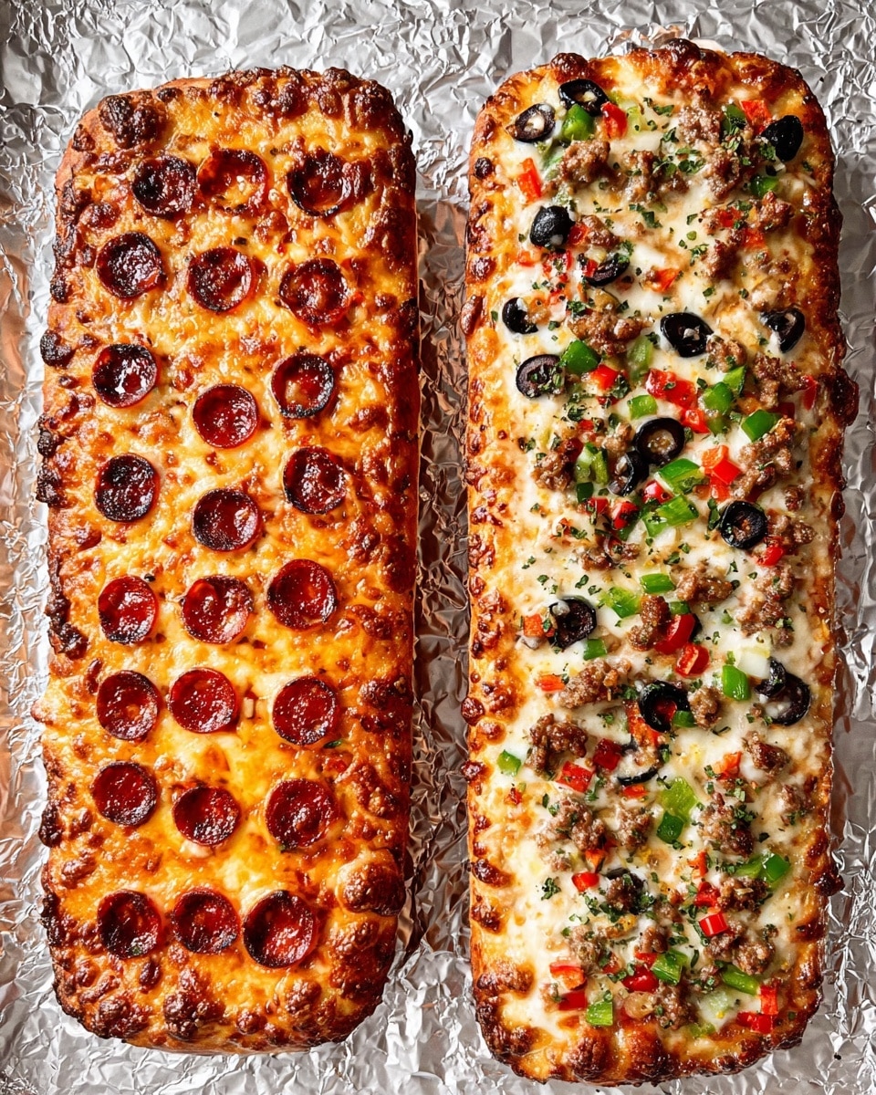 Two long, oval pizzas sit side by side on a shiny silver foil with some browning spots. The left pizza has a golden-brown crust with melted cheese covering the whole top layer, dotted all over with small, round pepperoni slices that are slightly curled and browned at the edges. The right pizza features a thick layer of white melted cheese underneath toppings including sliced black olives, chunks of green bell pepper, small red pepperoni slices, and browned crumbled sausage, all sprinkled with chopped green herbs. The lighting shows a fresh, hot finish to both pizzas. Photo taken with an iphone --ar 4:5 --v 7