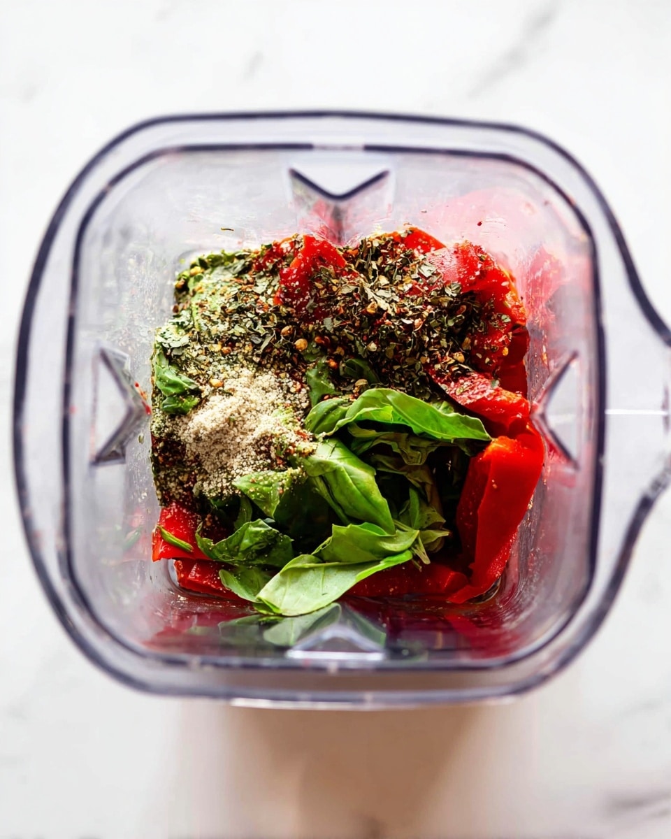 The image shows a blender with layers of ingredients ready to be mixed. At the bottom, there are several bright red roasted peppers with a soft, slightly wrinkled texture. On top of the peppers, fresh green basil leaves are scattered, some whole and others overlapping. There is a small pile of finely ground light yellow garlic and a sprinkling of mixed dried herbs, dark green and brown, sitting in the middle among the basil leaves. The blender is placed on a white marbled surface. photo taken with an iphone --ar 4:5 --v 7