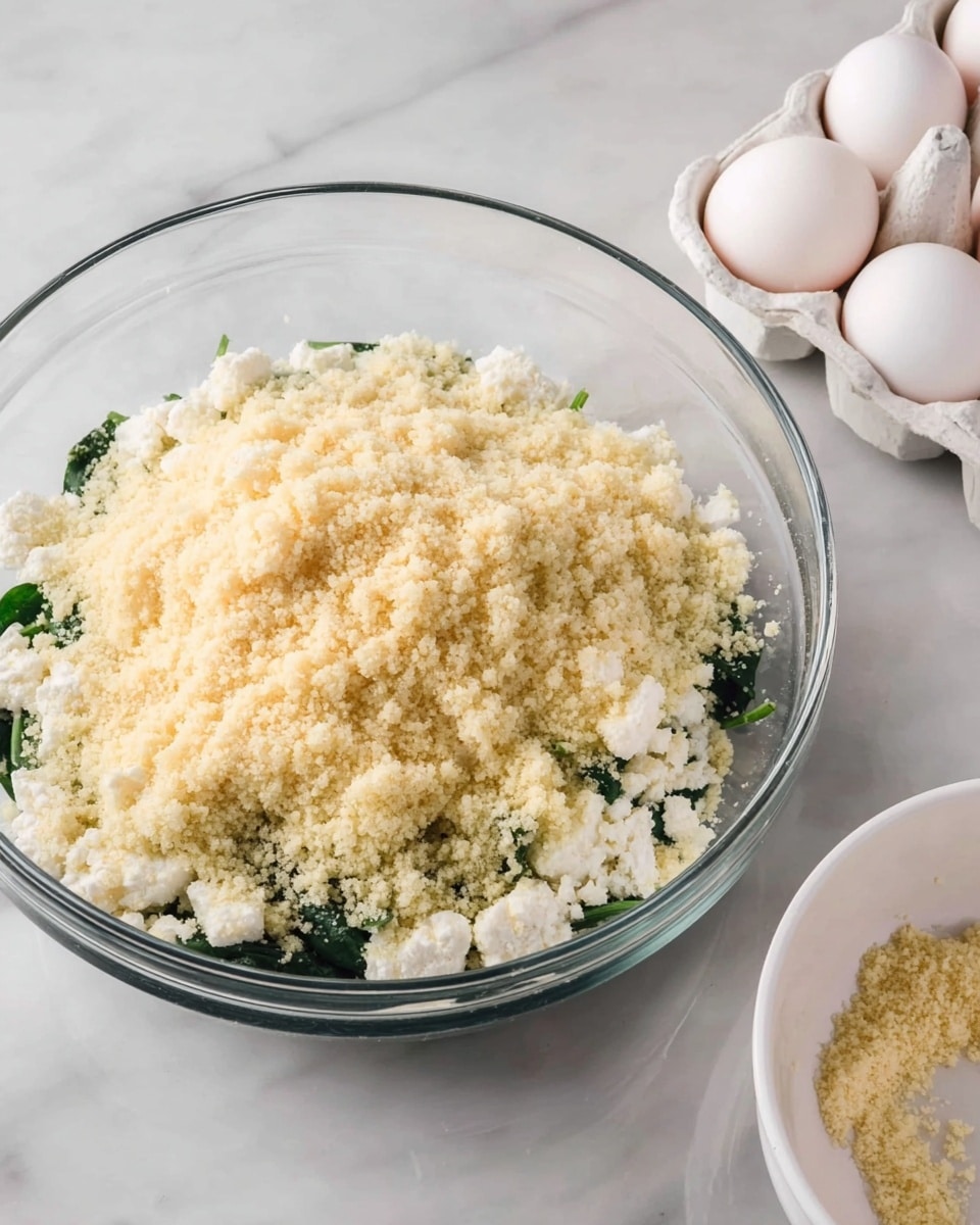 The image shows a clear glass bowl filled with three visible layers of food. The bottom layer appears to be chopped green leafy vegetables. On top of that is a white crumbly layer of cheese spread unevenly. The topmost layer is a fine, light yellow powder evenly covering the whole dish. To the upper right side of the bowl, there is a white carton holding five white eggs. Above the bowl to the left, there is a small white bowl with some crumbs inside. The background is a white marbled surface. Photo taken with an iphone --ar 4:5 --v 7