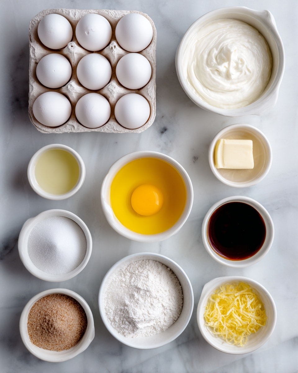The image shows ten small white bowls and one white egg carton placed on a white marbled surface. The egg carton at the top left holds five white eggs. To the right of the eggs, there is a large white bowl filled with white buttermilk. Next to it on the top right, a small white bowl contains bright yellow melted unsalted butter. Below that, another small white bowl has dark brown vanilla extract. In the middle row, a small white bowl with pale yellow lemon juice is on the left, beside an empty small white bowl labeled fine sea salt. Below these, three small white bowls contain white Bisquick flour, brown sugar, and white powdered sugar from left to right. At the bottom, a larger white bowl holds white granulated sugar, and next to it on the right is a small white bowl with yellow lemon zest. Each bowl is labeled with black text showing its content. The photo taken with an iphone --ar 4:5 --v 7