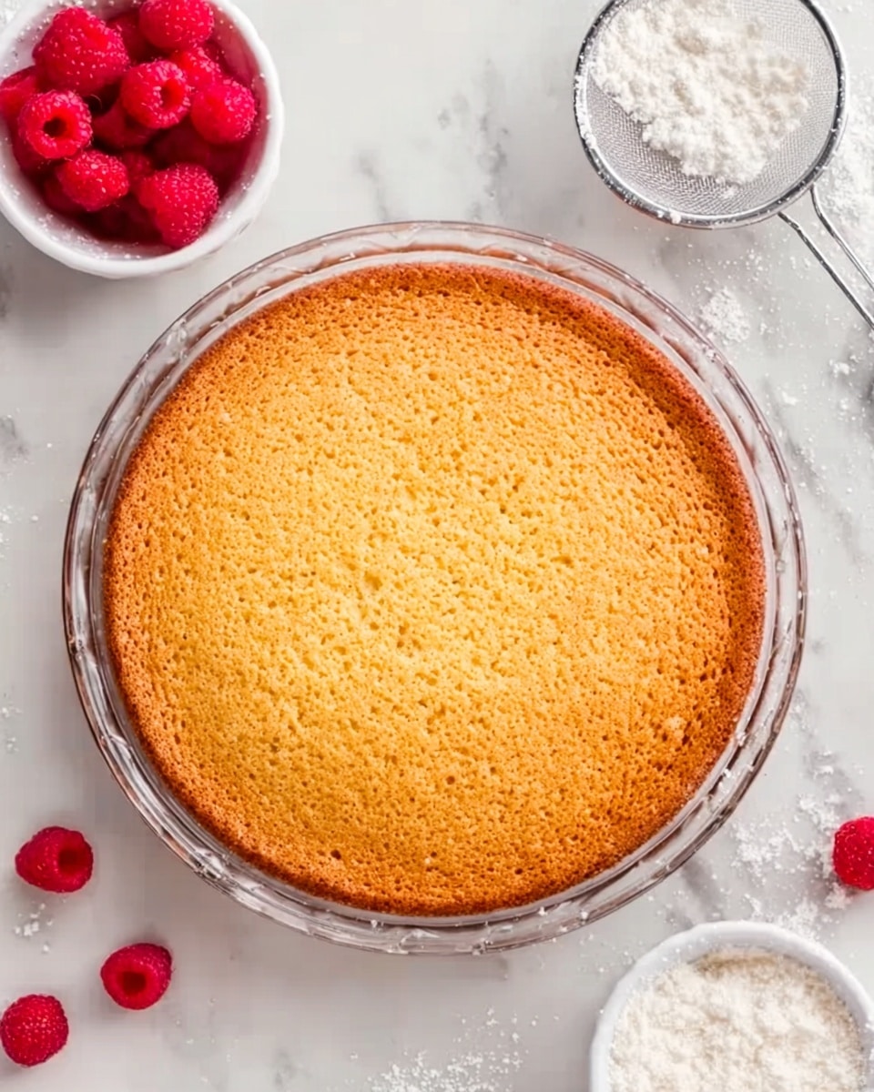 A round golden-brown cake sits in a clear glass pie dish on a white marbled surface. The cake is smooth and evenly baked with a slightly crumbly texture on top. Around the pie dish, small white bowls hold powdered sugar and fresh red raspberries, with a metal sieve nearby. A few loose raspberries are scattered gently on the surface. Photo taken with an iphone --ar 4:5 --v 7