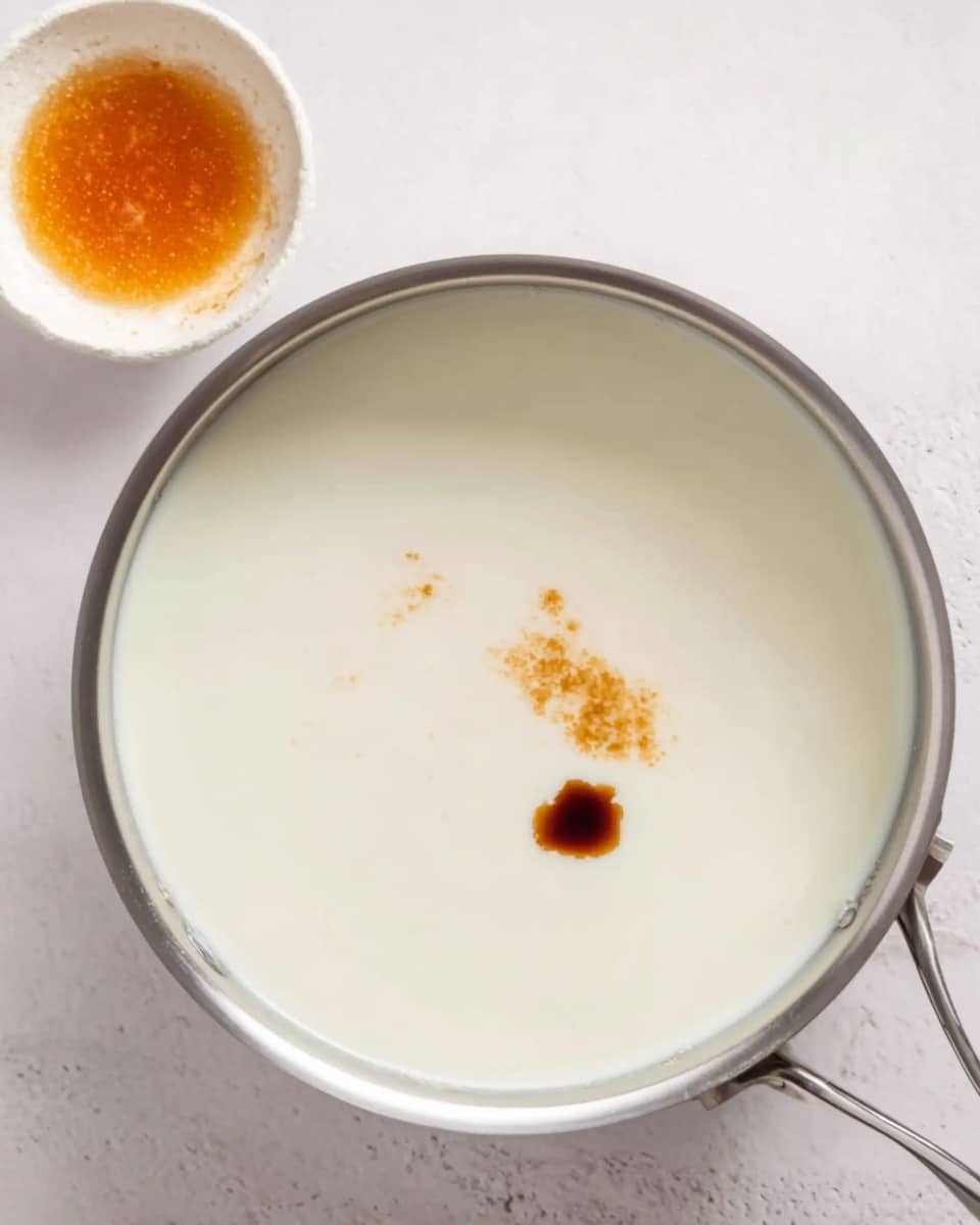 The image shows a stainless steel pot filled with a smooth white liquid, most likely milk or cream, with a small amount of dark brown liquid dropped on the surface near the center. The pot rests on a white marbled textured surface. In the top left corner, there is a small white bowl containing an orange-brown liquid with some residue on the sides. The scene is bright and clean, focusing on the contrast between the white liquid and the dark brown drops. Photo taken with an iphone --ar 4:5 --v 7