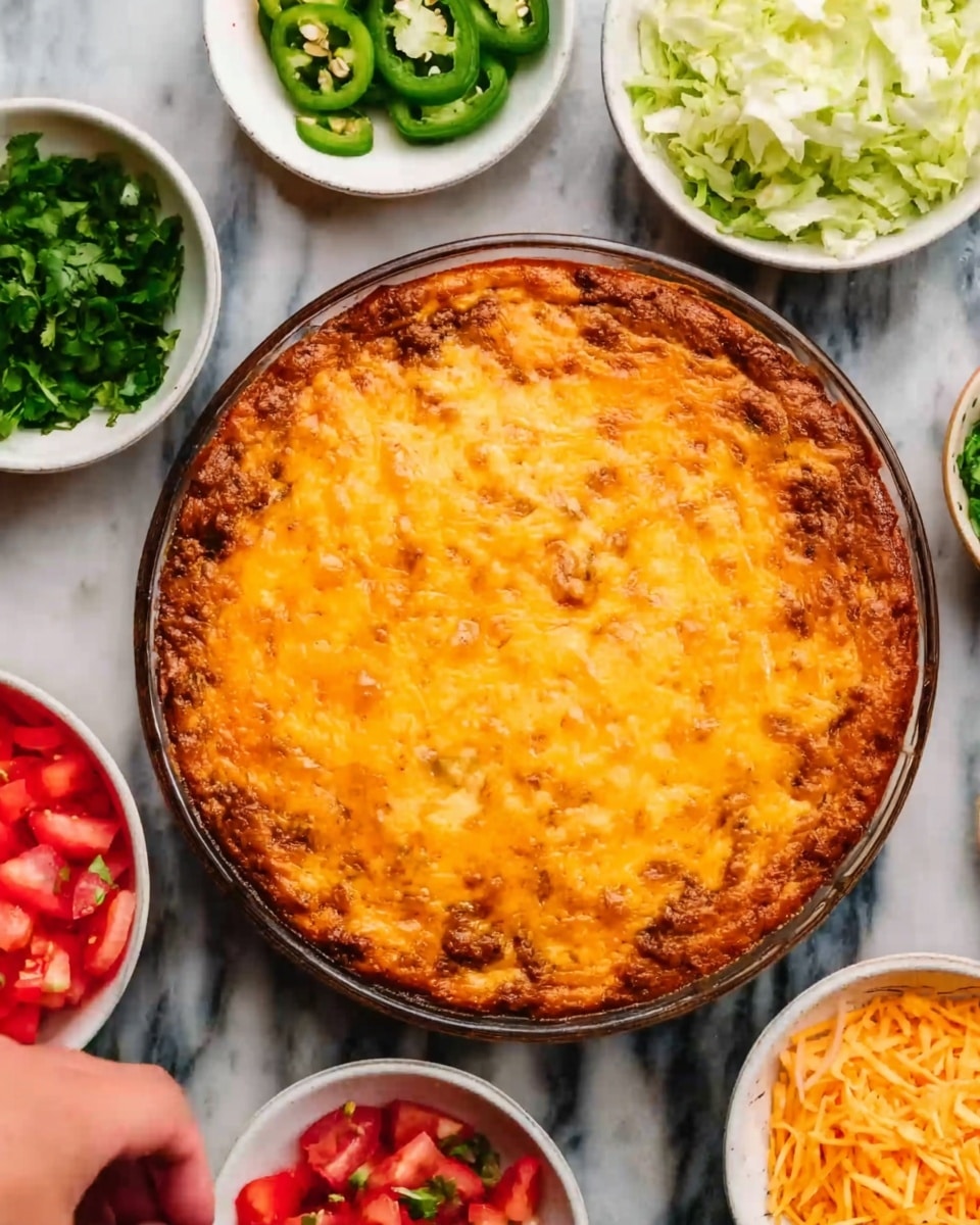 A round dish filled with a baked layer of melted golden orange cheese covering a brown, textured base, likely a cooked meat or bean mixture. Around the dish, there are seven small white bowls arranged on a white marbled surface, each holding different toppings: finely chopped green herbs, shredded white lettuce, bright red diced tomatoes, shredded light orange cheese, and chopped green peppers or jalapenos. A woman's hand is reaching towards one of the bowls. photo taken with an iphone --ar 4:5 --v 7