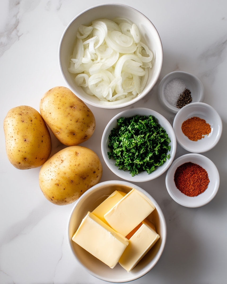 The image shows ingredients arranged on a white marbled surface with Yukon gold potatoes at the bottom, three round yellow potatoes with a smooth skin. Above them, on the left, is a white bowl filled with long, thin rings of sweet onion, white and slightly translucent. To the right is a small white bowl with chopped bright green parsley. Below the onion bowl is another white bowl containing several rectangular pieces of unsalted butter, pale yellow and smooth. To the right of the butter is a small white bowl holding three spices: bright orange paprika, coarse black pepper, and white salt, placed next to each other. The layout is clean and organized, with clear space between each bowl and ingredient, photo taken with an iphone --ar 4:5 --v 7